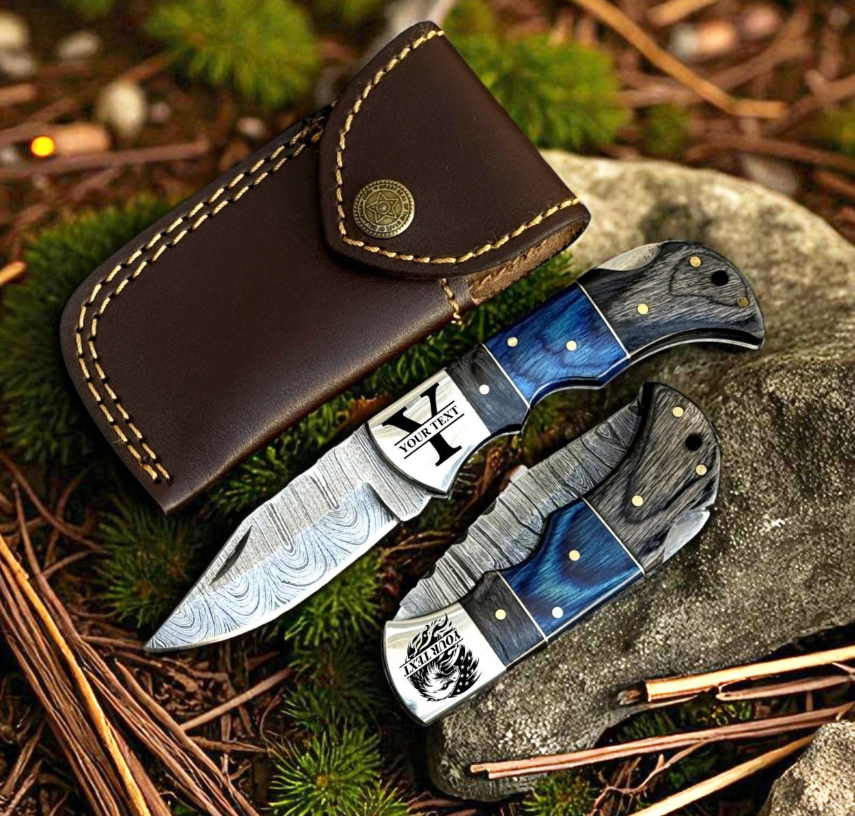 Damascus Steel Pocket Knife Folding Personalized Gift for Men Wood Handle