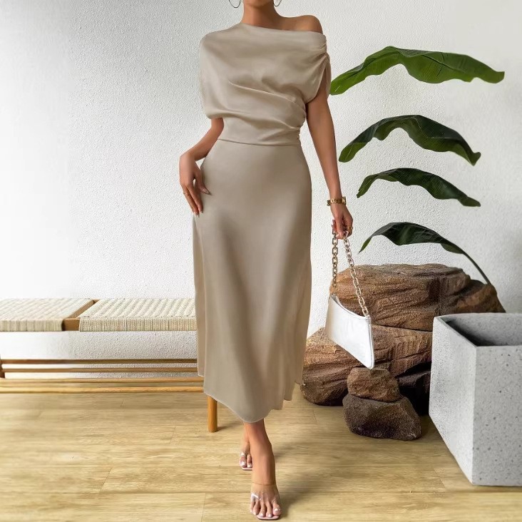 Elegant Satin Off Shoulder Maxi Dress Champagne Khaki Pleated Slim Fit Evening