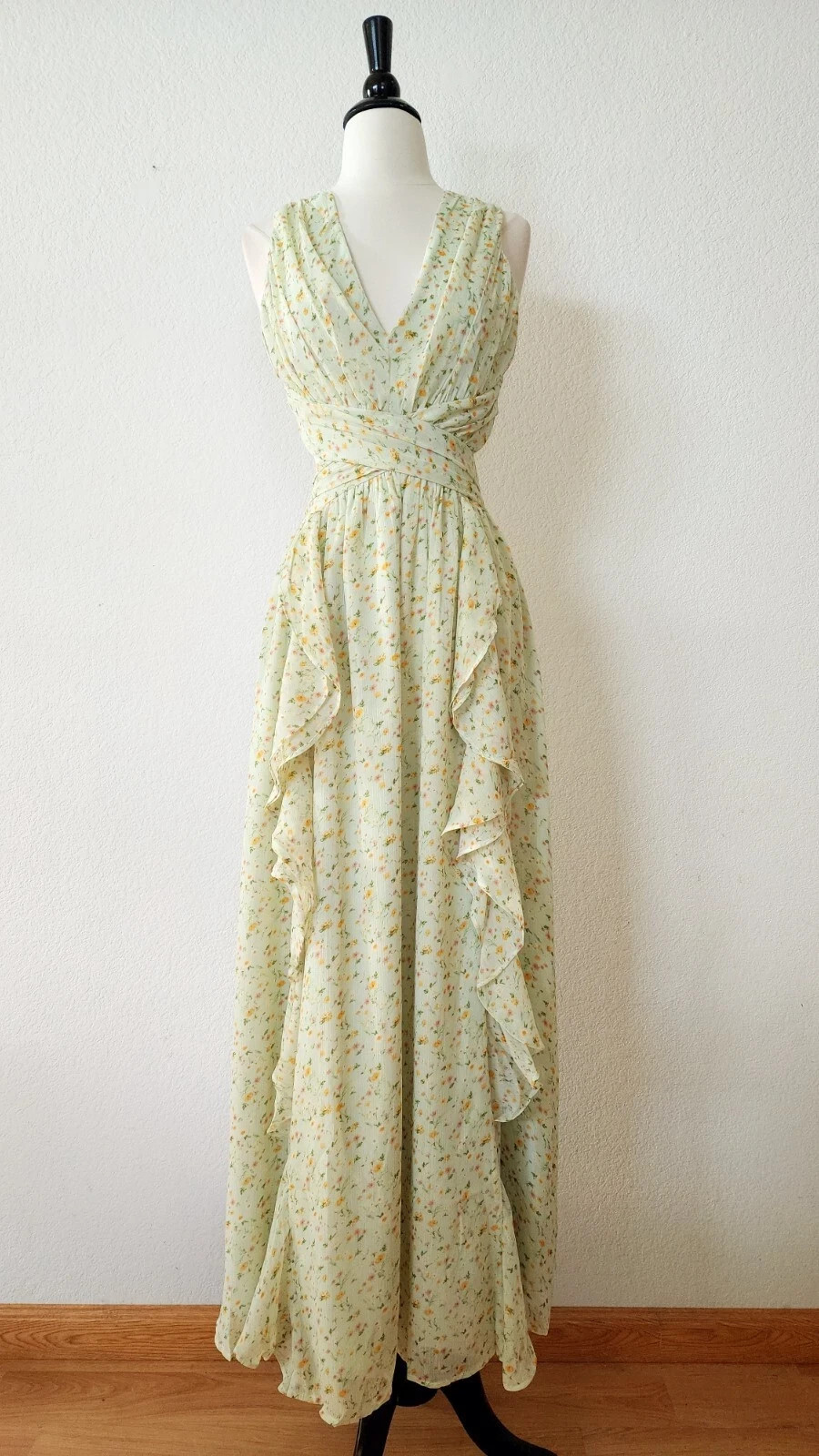 New Anthro Maxi Dress Size Small Floral Green Coquette Lace Up Prom Formal