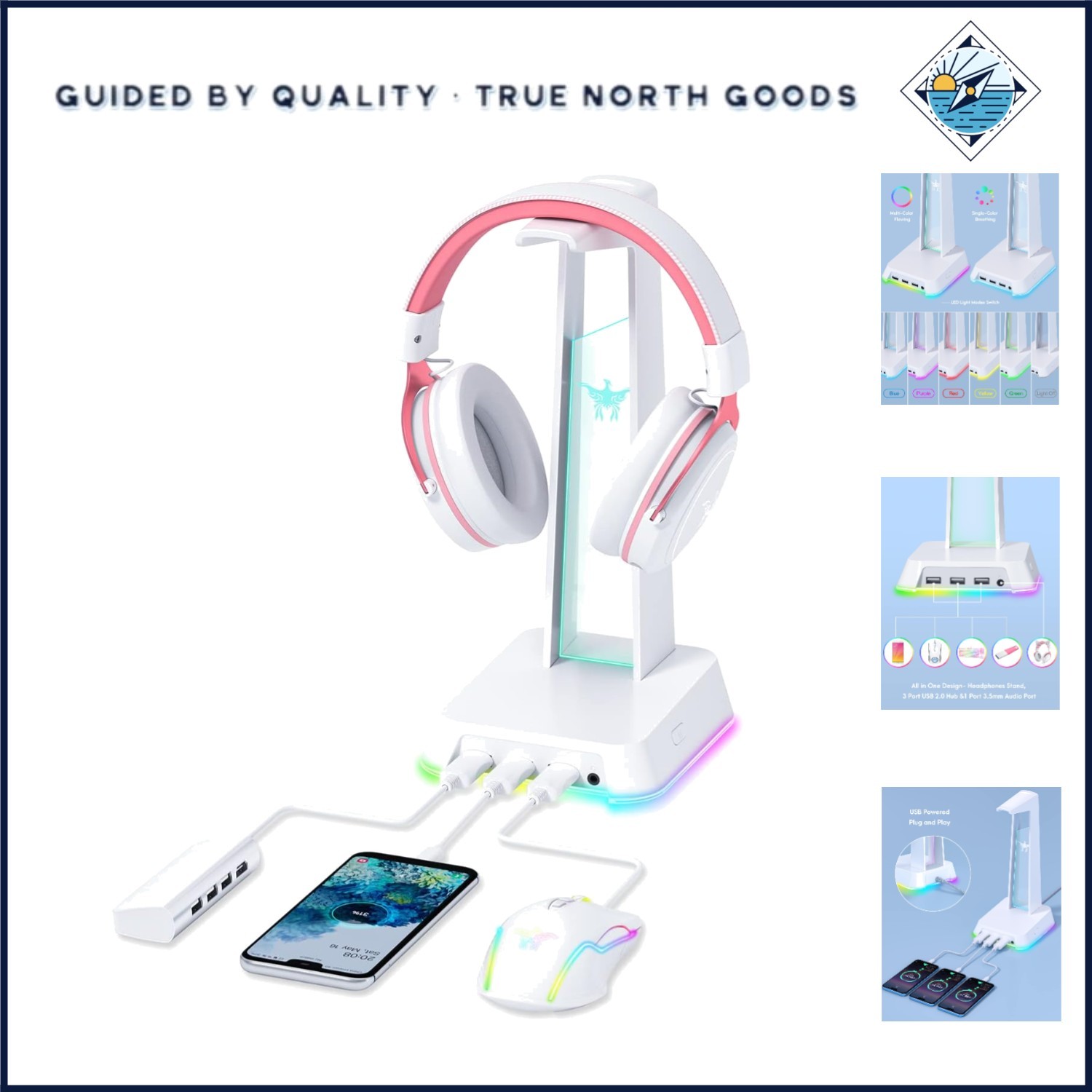RGB Headphone Stand with USB Hub and AUX Port for Gaming Accessories