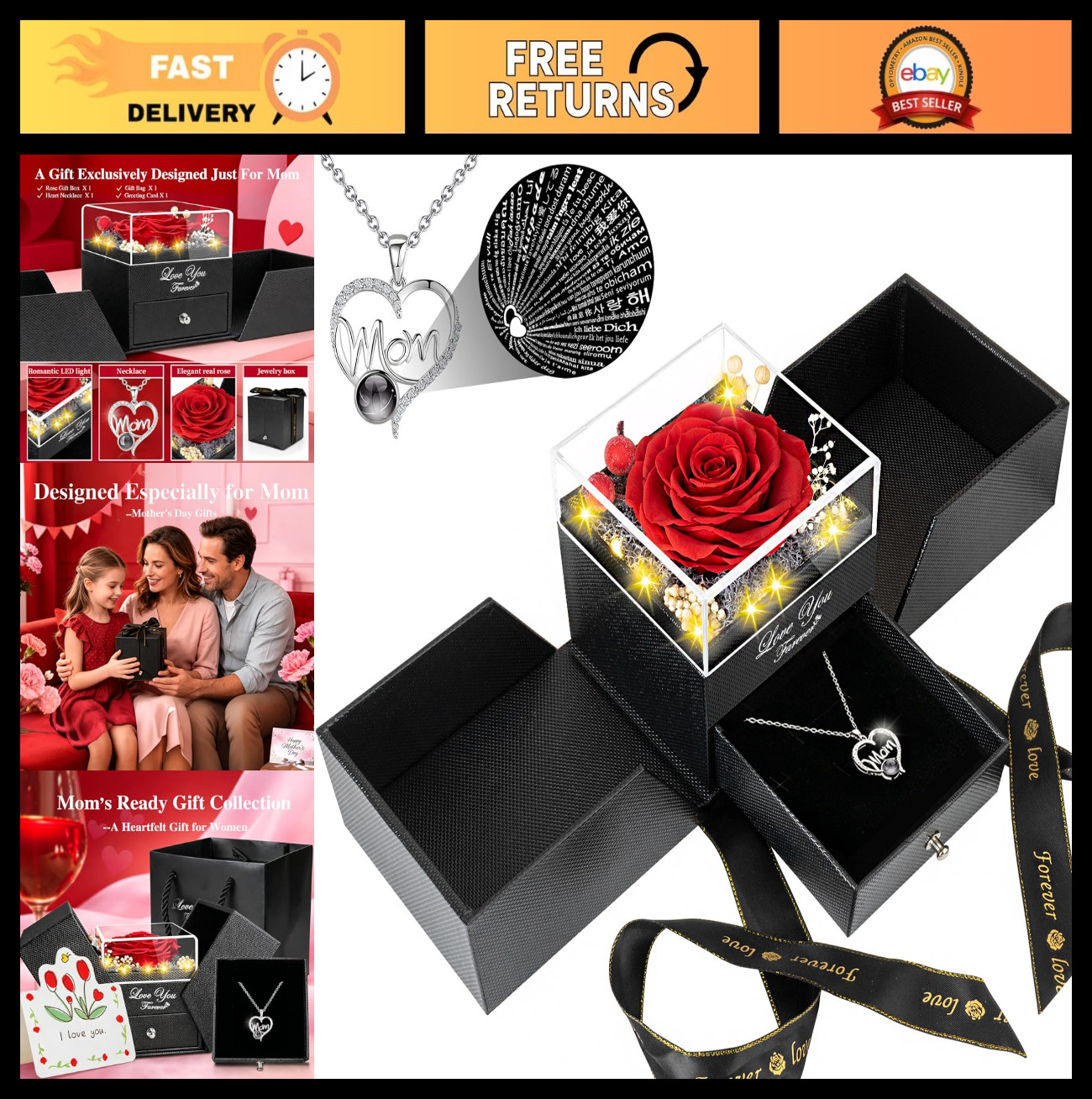 Unique Mother's Day Gift for Mom - Preserved Red Roses & "I Love You" Necklace