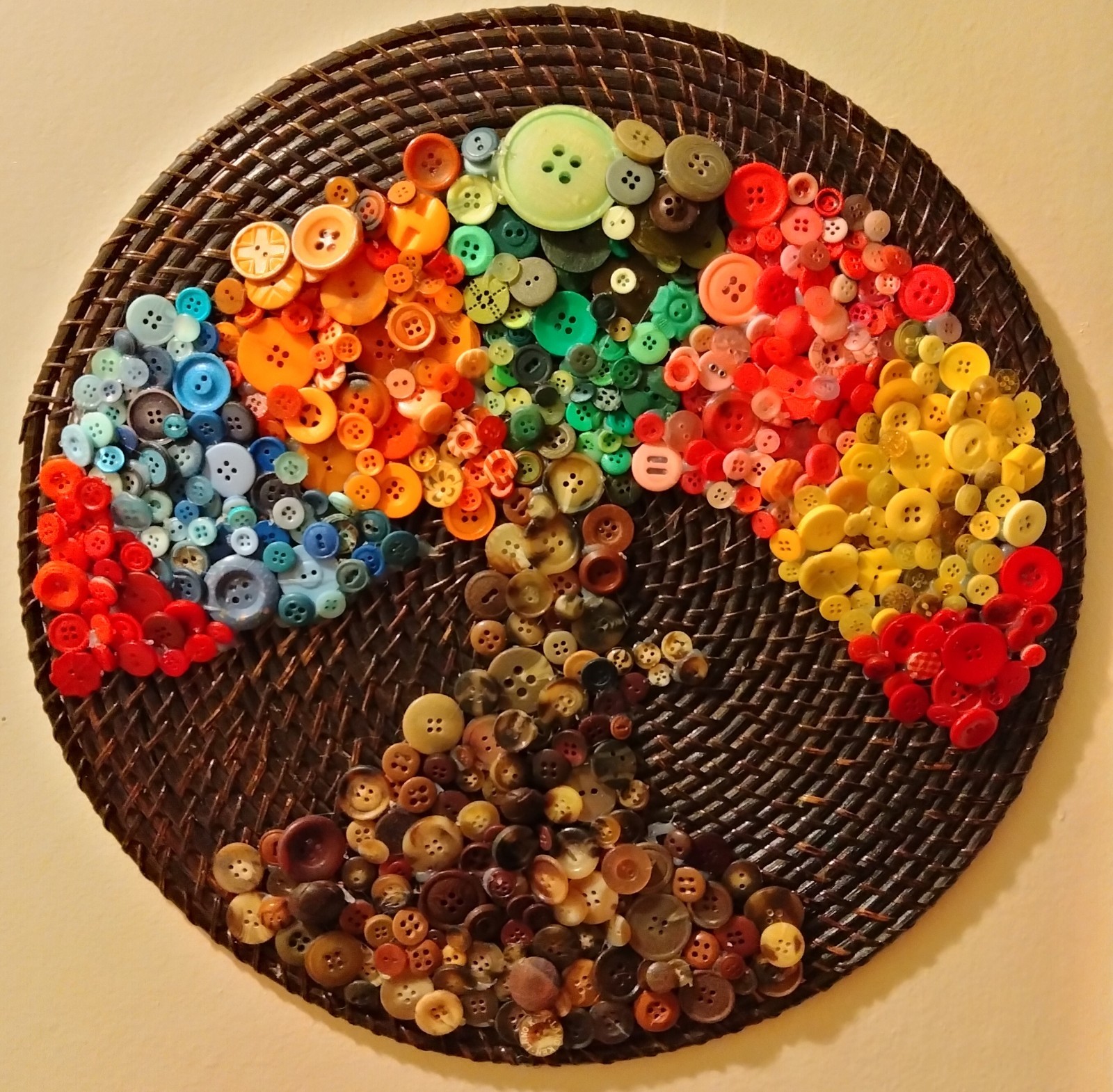 Handmade Button Tree Wall Art 15.5” Rainbow Boho Rattan Decor Unique Gift