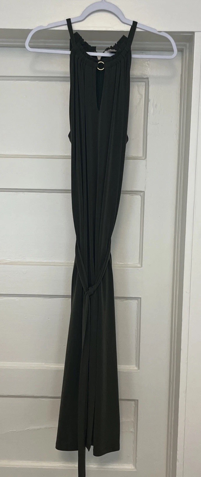 NWOT Michael Kors Halter Neck Maxi Dress Womens L Sleeveless Olive Green Belted