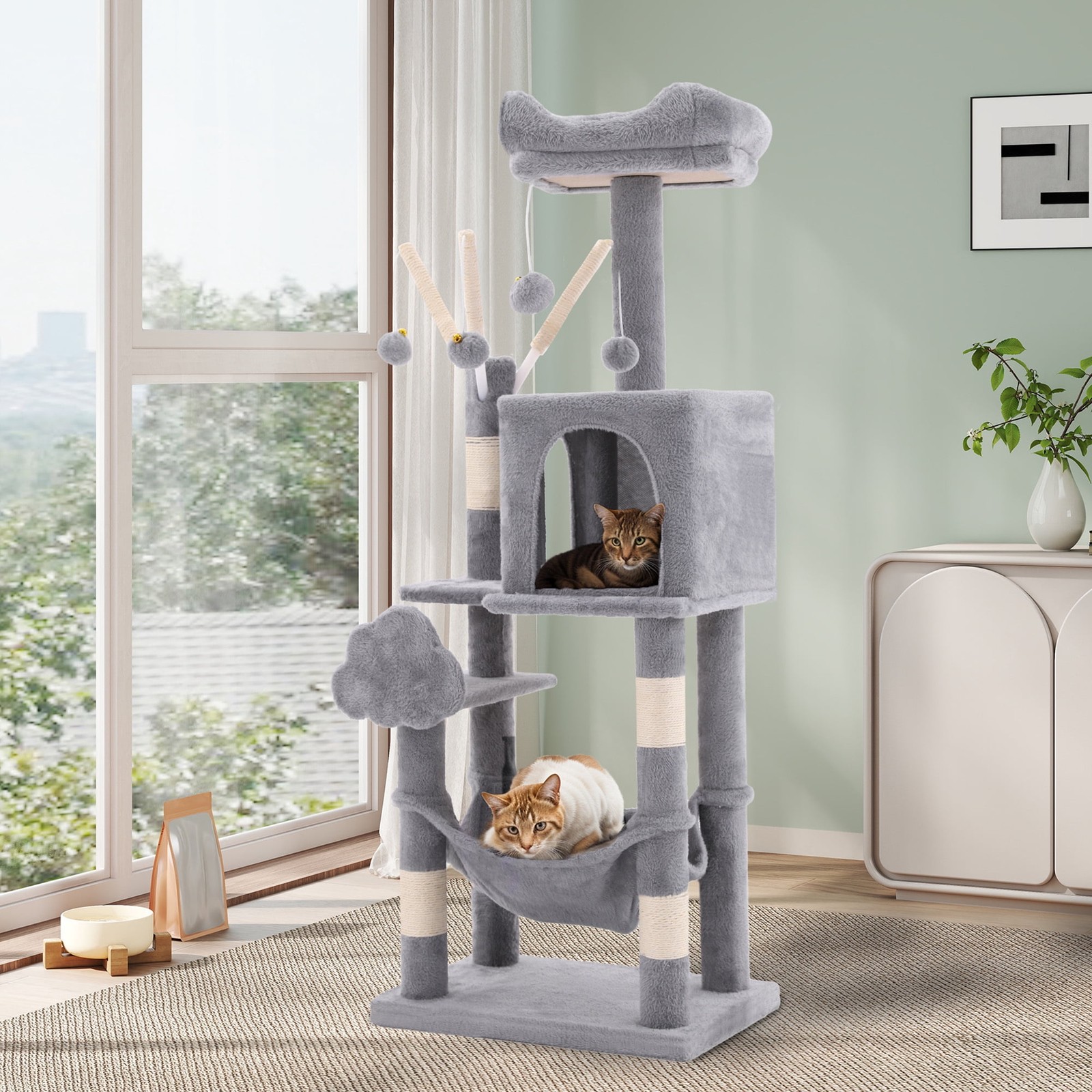 44" Cat Tree Tower, with Scratch Posts, Condo, Hammock, Toys, Light Gray