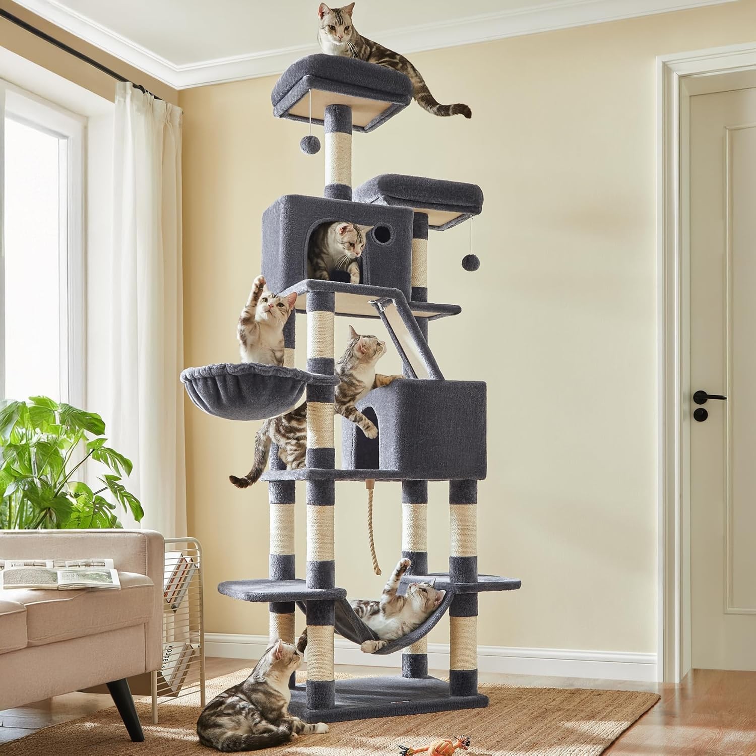 Cat Tree, 81.1-Inch Large Cat Tower, Multi-Level Plush Pompoms, Smoky Gray