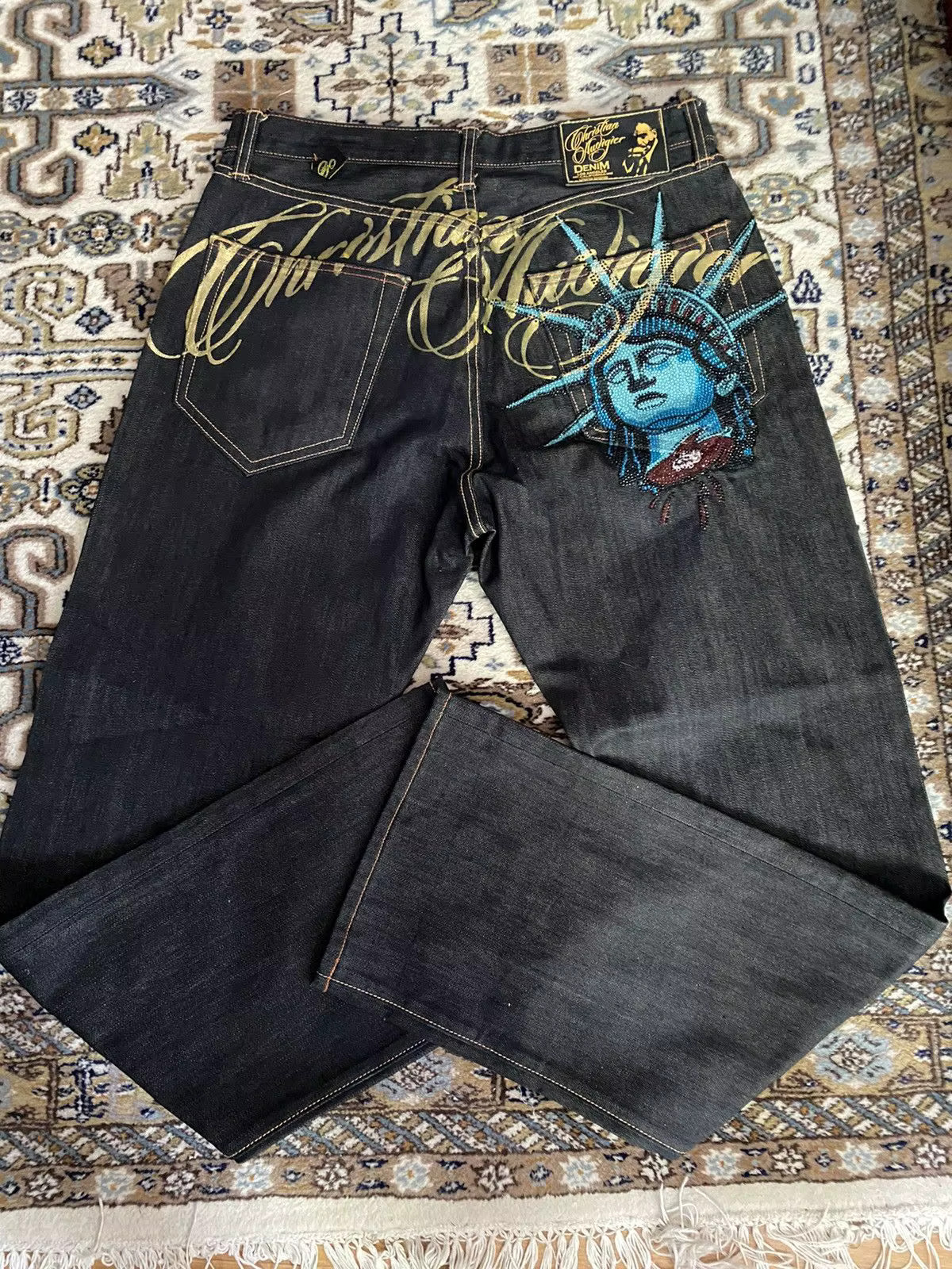 Womens Y2K Graphic Embroidered Jeans Statue Liberty Streetwear Baggy Denim