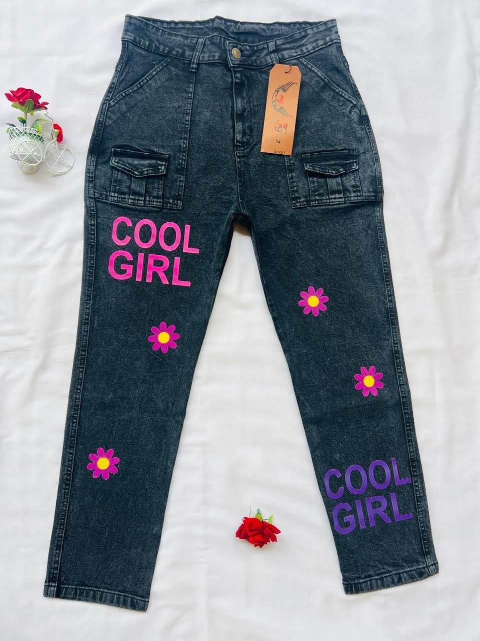 Girls High Waist Acid Wash Charcol Jeans - "Cool Girl" Graphic Denim Pants S32
