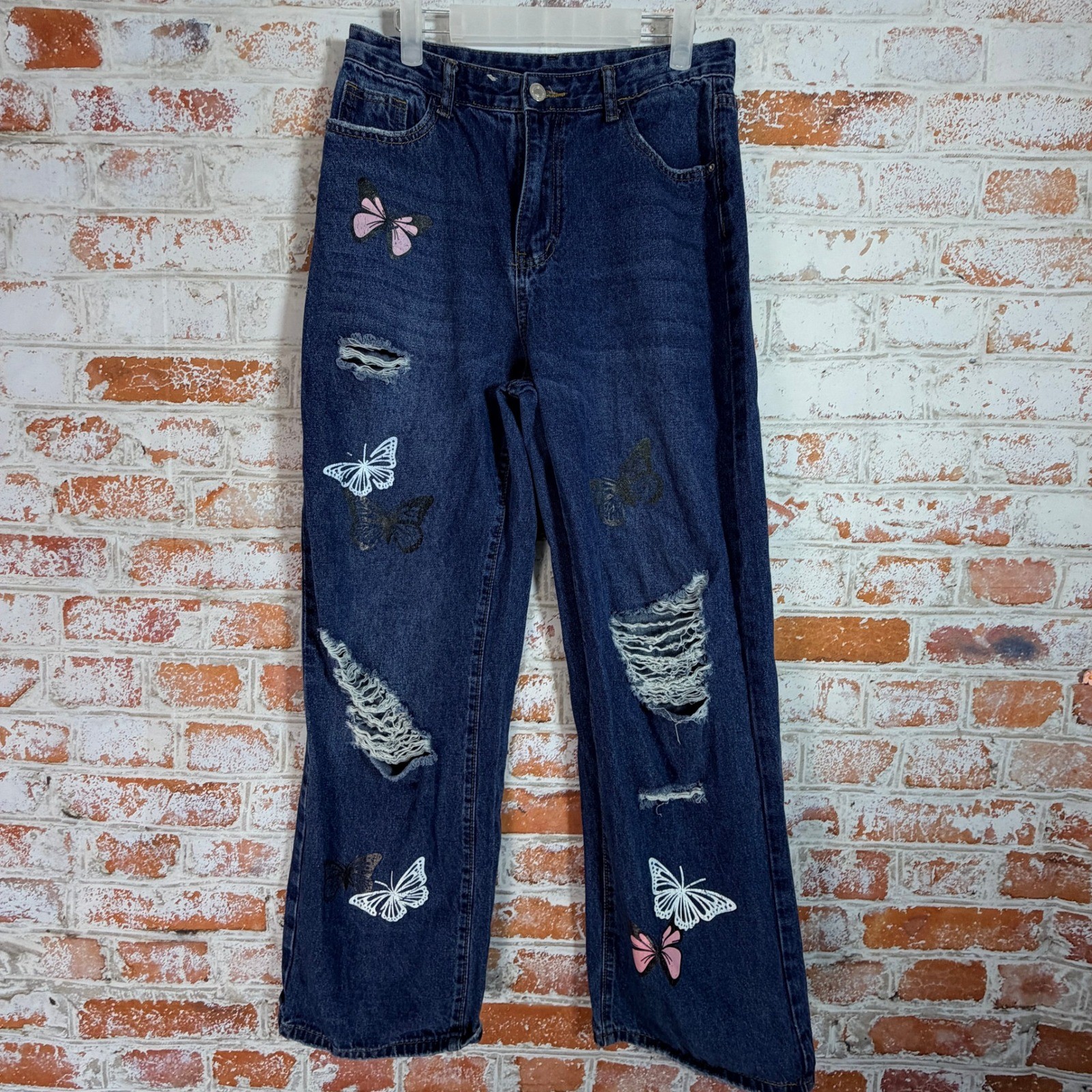 SHEIN Butterfly Distressed Jeans Womens 6 Dark Blue Ripped Straight Leg Y2K