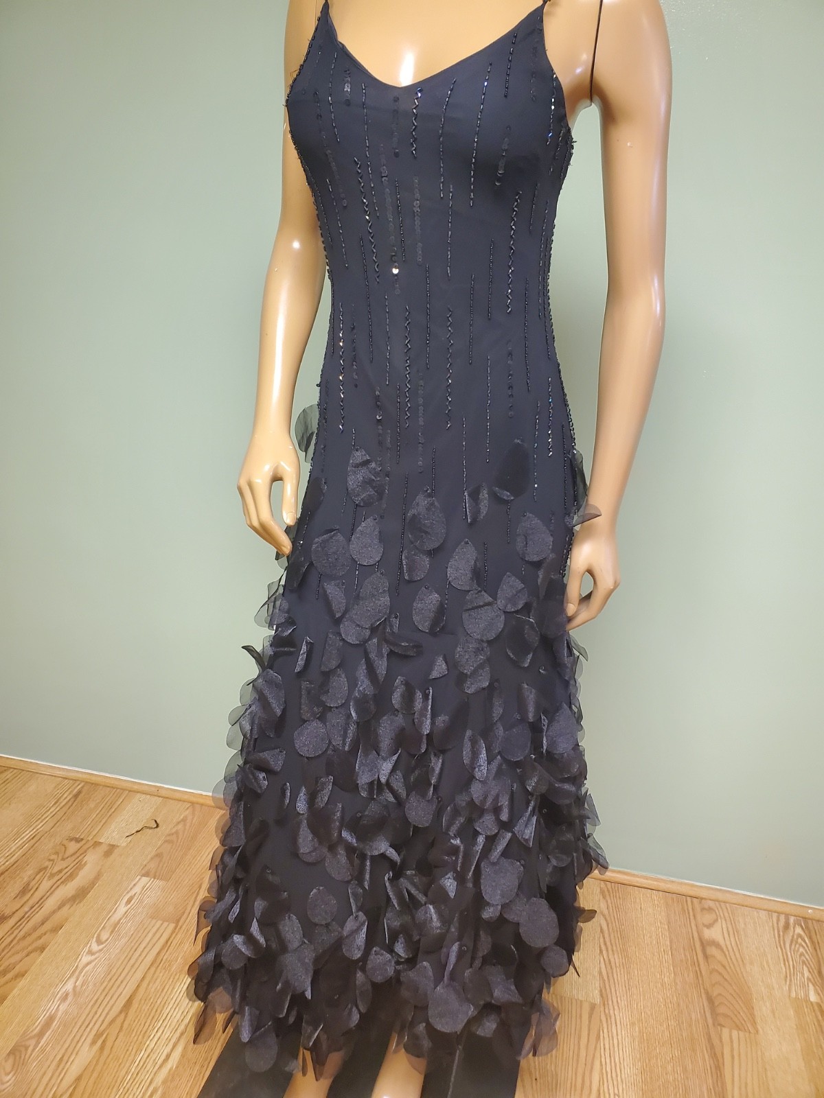 Womens Black Evening Dress with feather look bottom and sequance Petit size 6