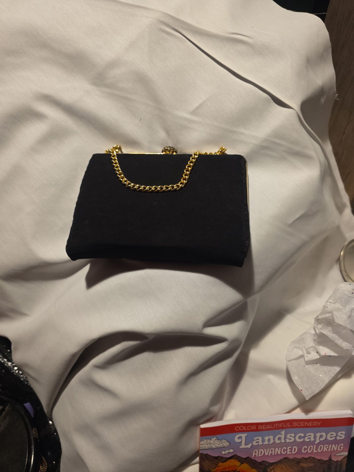 Vintage Black Satin Evening Clutch with Gold Tone Chain Strap