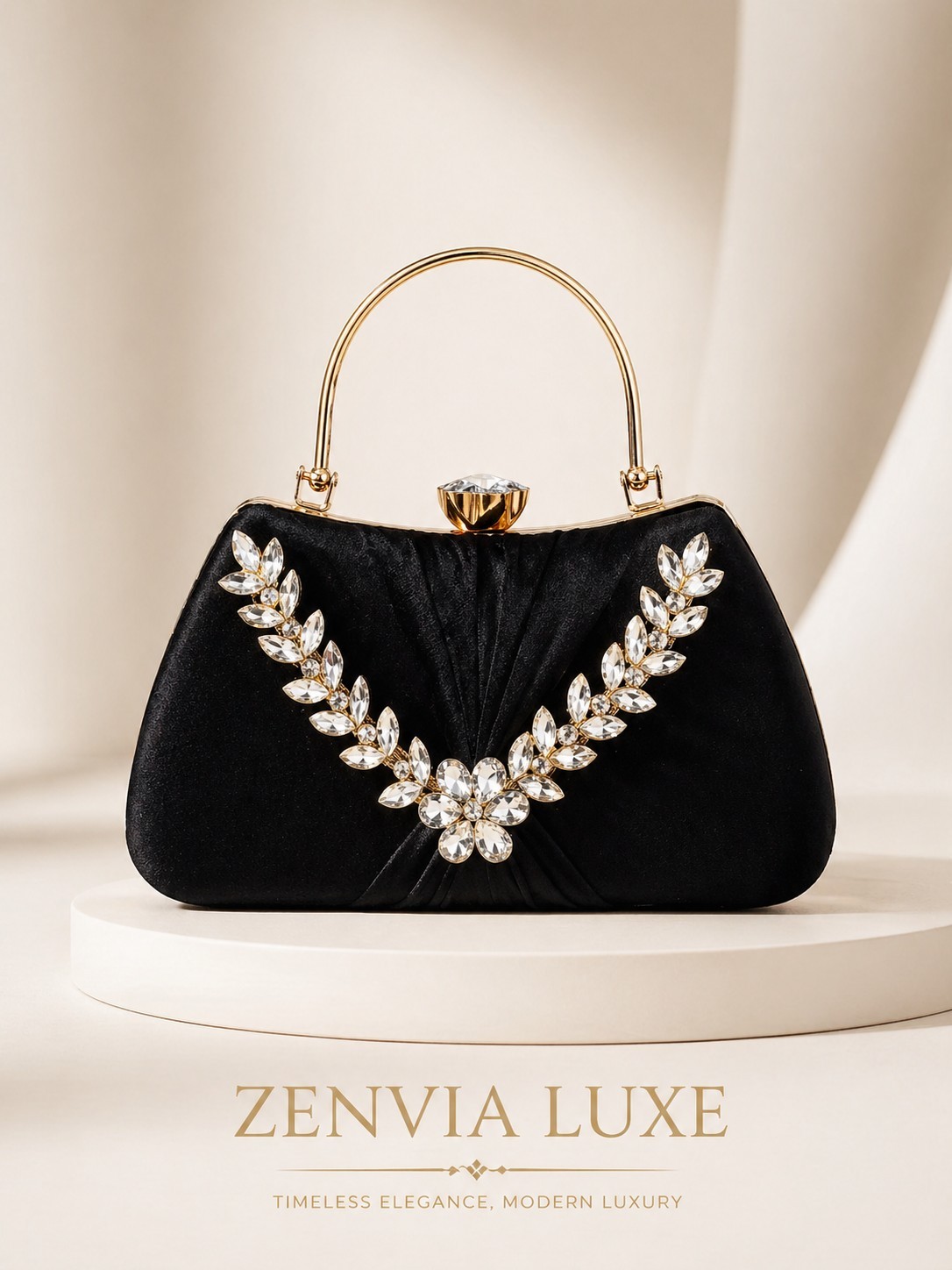Zenvia Luxe Black Crystal Evening Clutch Bag Gold Handle Bridal Party Wedding