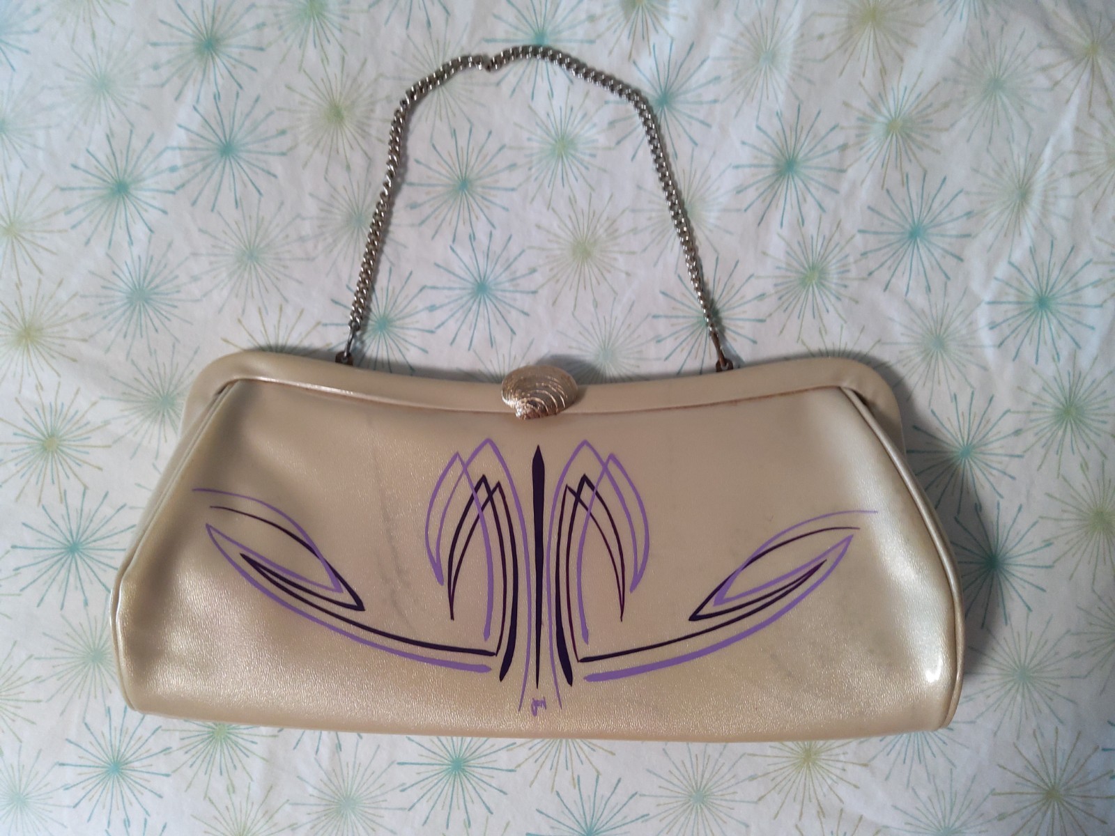 Custom vintage evening clutch with hand painted pinstripe accent