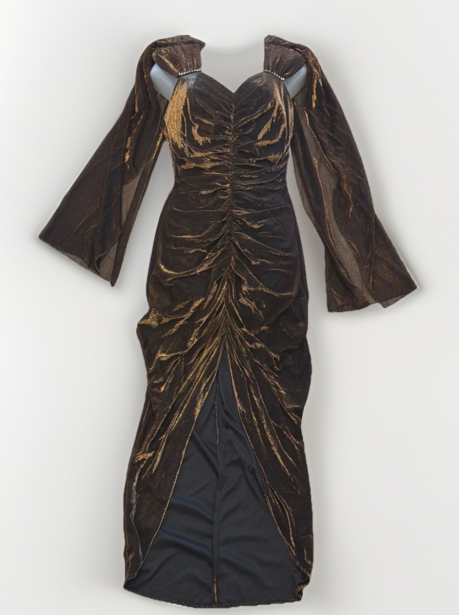 Vintage Betsy & Adam Bronze Dress 13/14 Cape Sleeve Ruched Metallic USA Glam