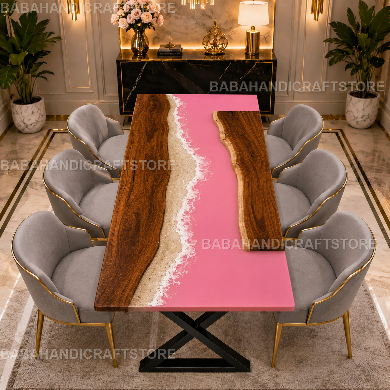 Luxury Pink Epoxy River Dining Table – Live Edge Wood Handmade Modern Table