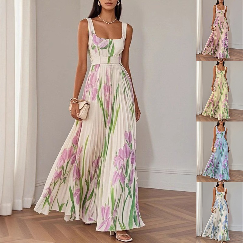 Sleeveless Formal Pleated Printed Dress Women A-Line Elegant Party Summer Midi