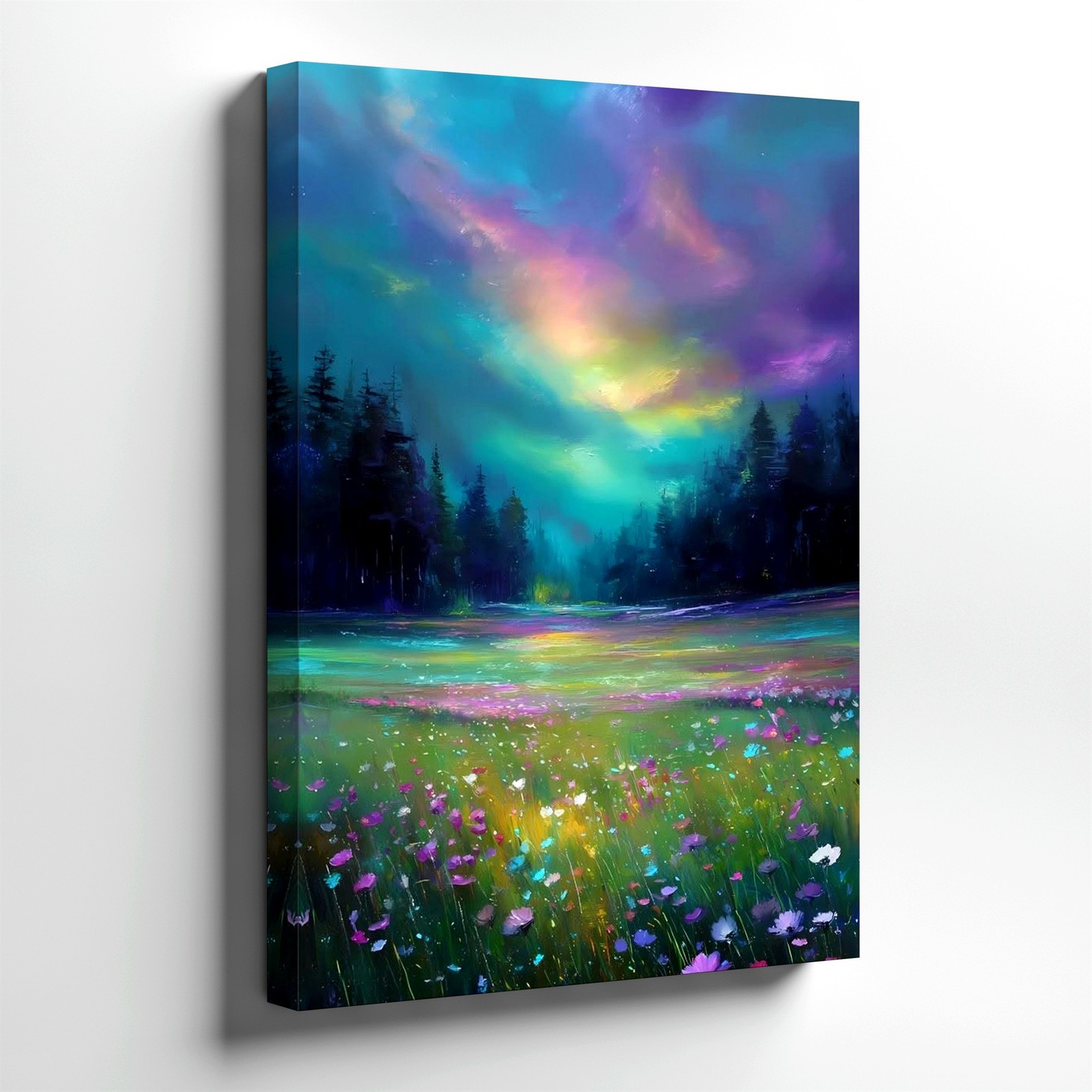 Wall Art Dreamy Aurora Meadow Landscape Canvas Print Colorful Floral Home Decor