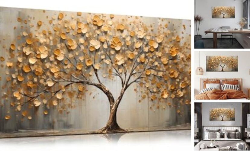 Tree Art Pictures for Wall in Living Room - Yellow Canvas Wall 40"L x 20"W Gold