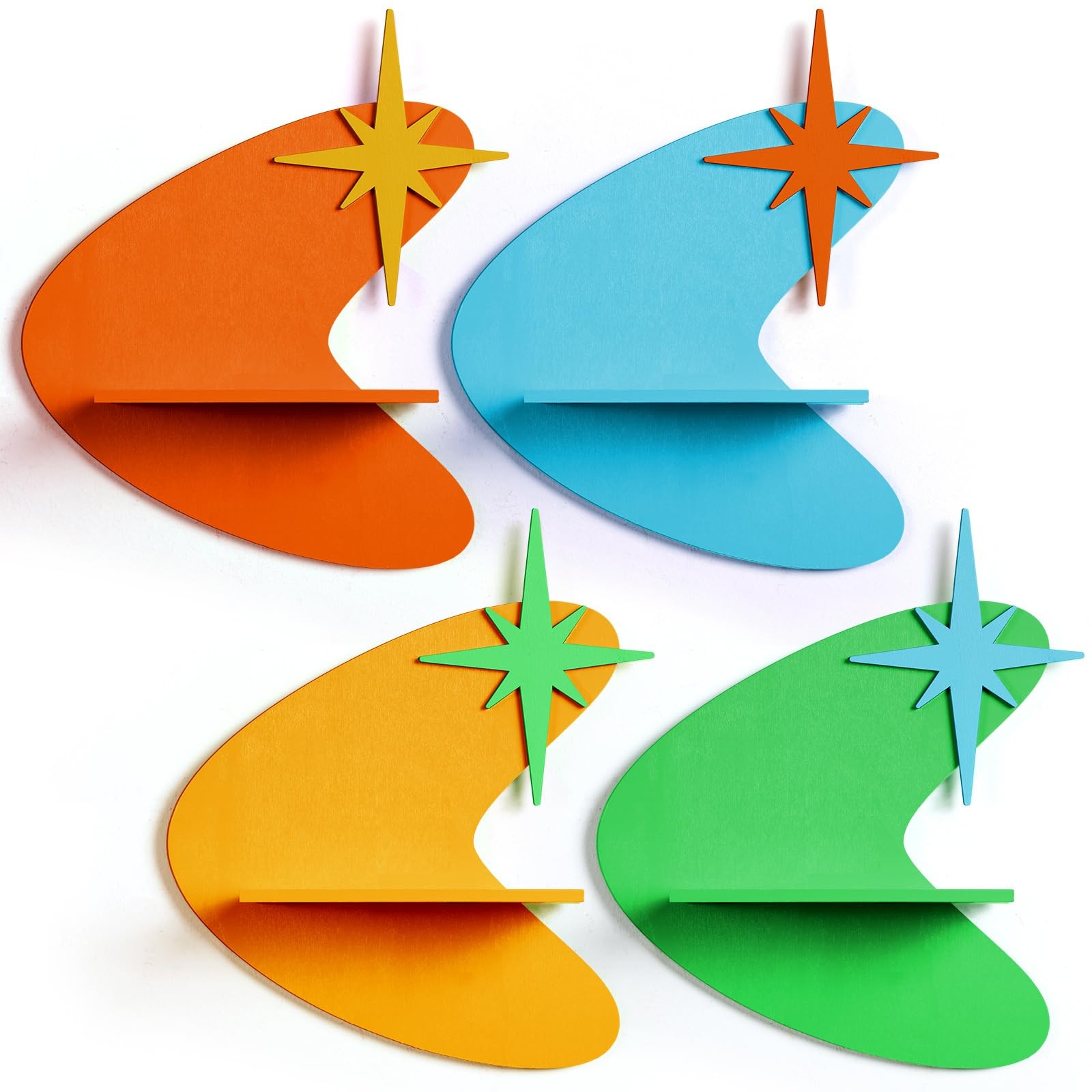 4 Pcs Mid Century Wooden Retro Celestial Star Burst Wall Art Mount Shelves