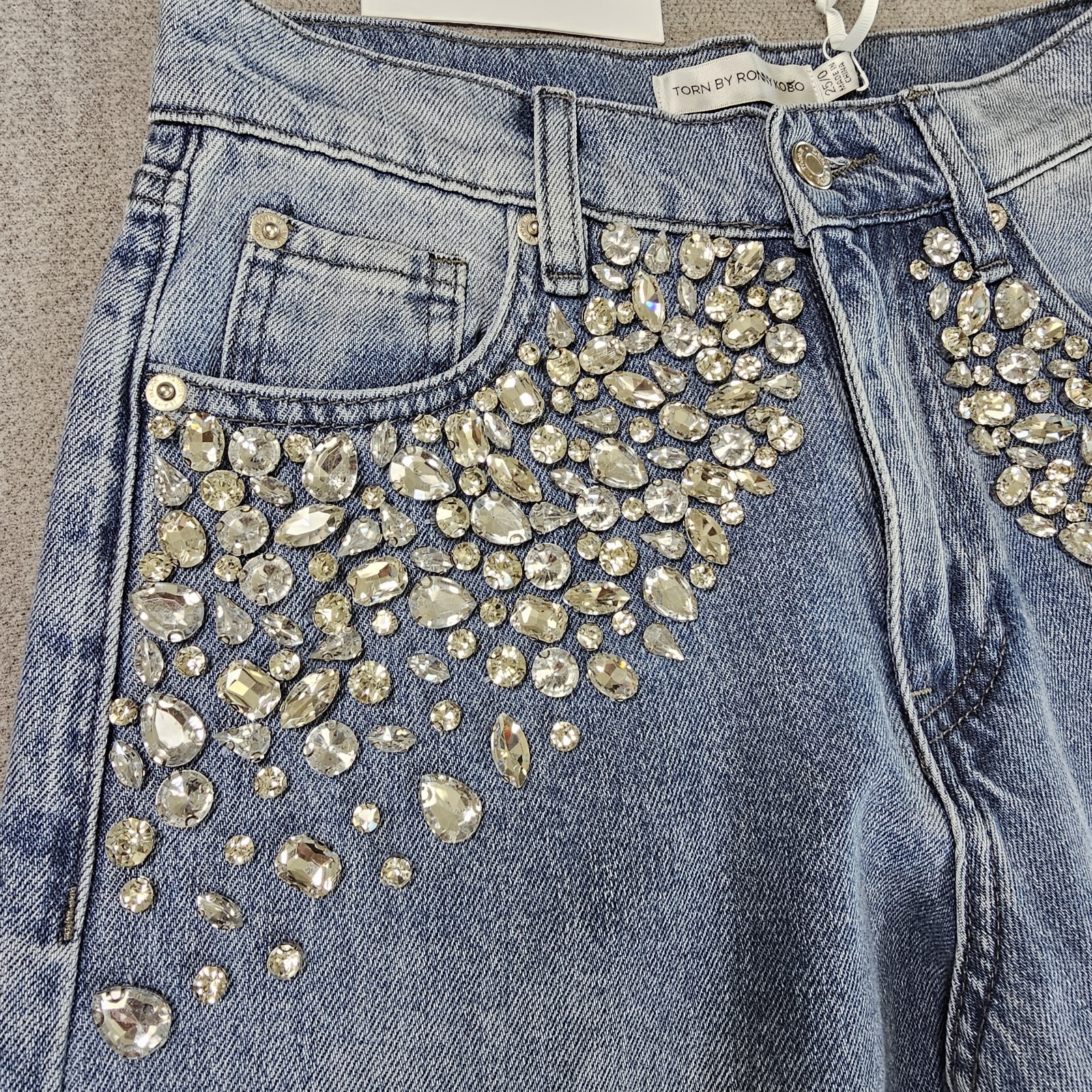 Torn by Ronny Kobo Samiran Embellished Wide-Leg Relaxed Blue Jeans size 25/0