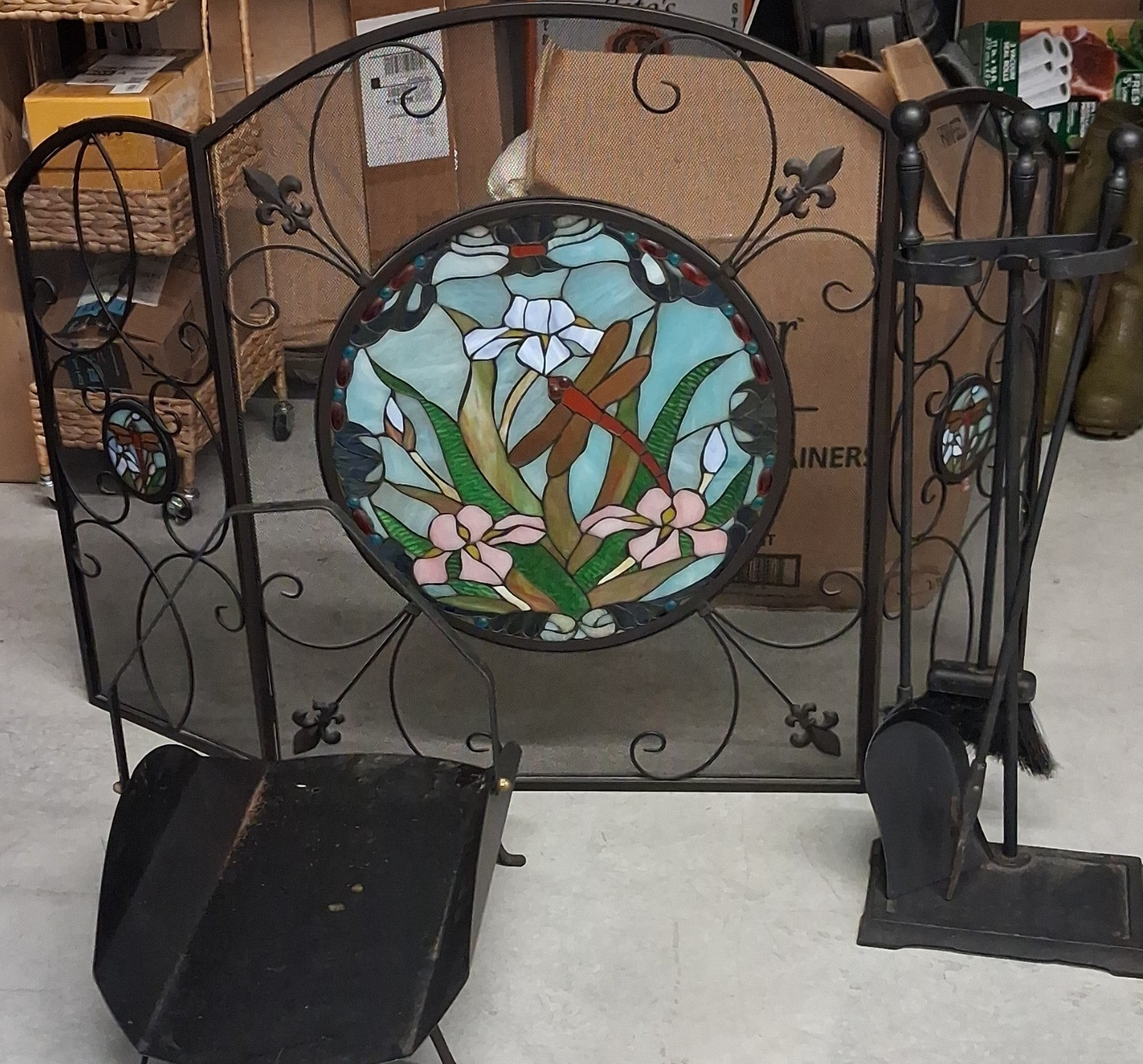 3-Panel Folding Fireplace Screen Metal/Glass Black Stained Glass Dragonfly 32x28