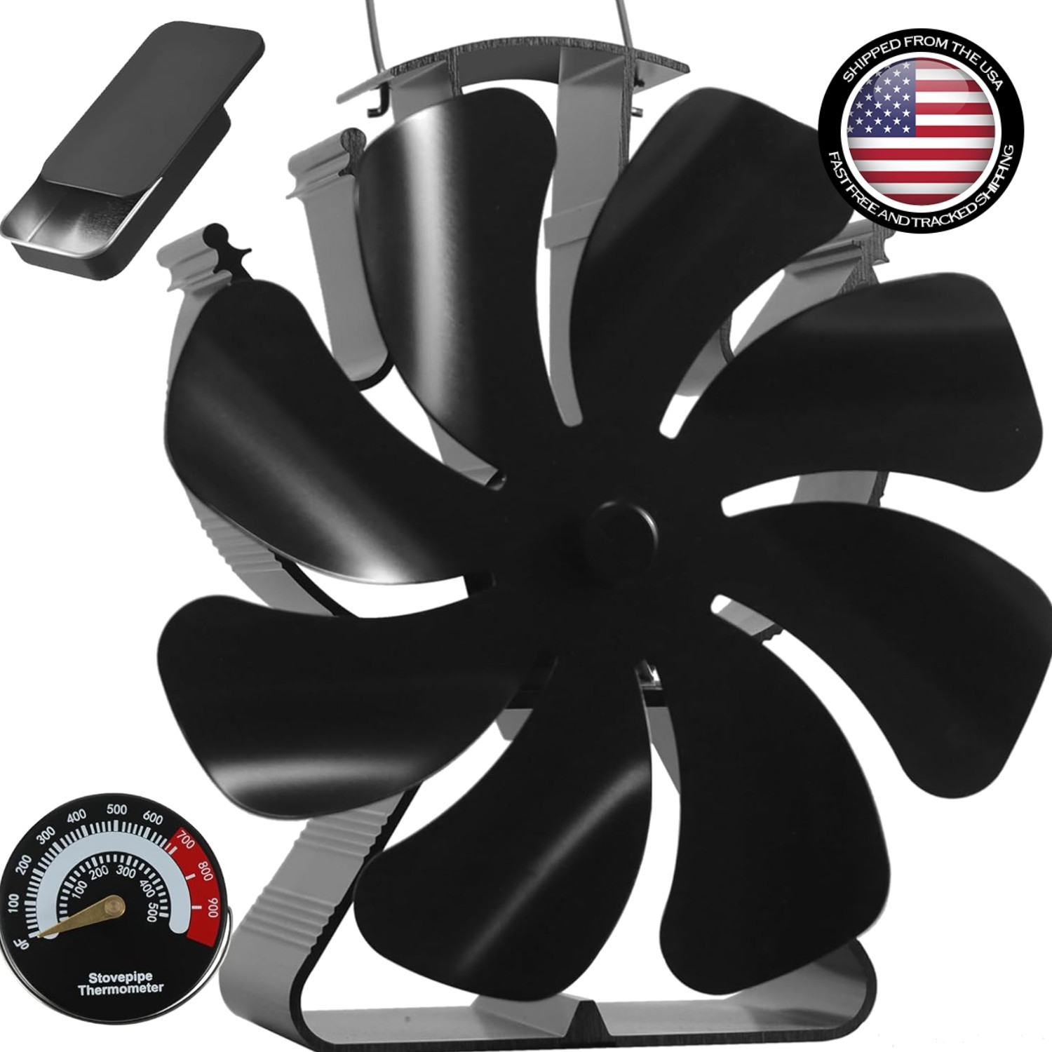 Compact Black Wood Stove Fan with Thermometer - Perfect for Cozy Living Spaces