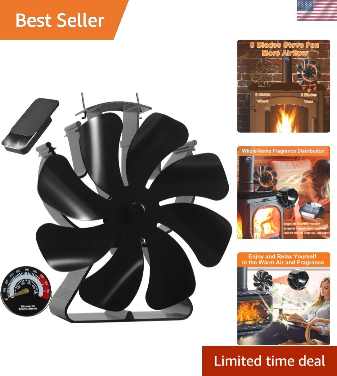 Efficient Heat Powered Fireplace Fan - 8 Blades & Temperature Monitor Included