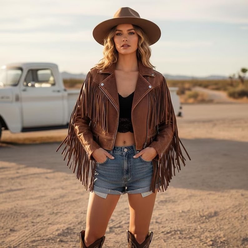 Women’s Handmade Brown Real Leather Fringe Jacket Western Cowgirl Style Boho