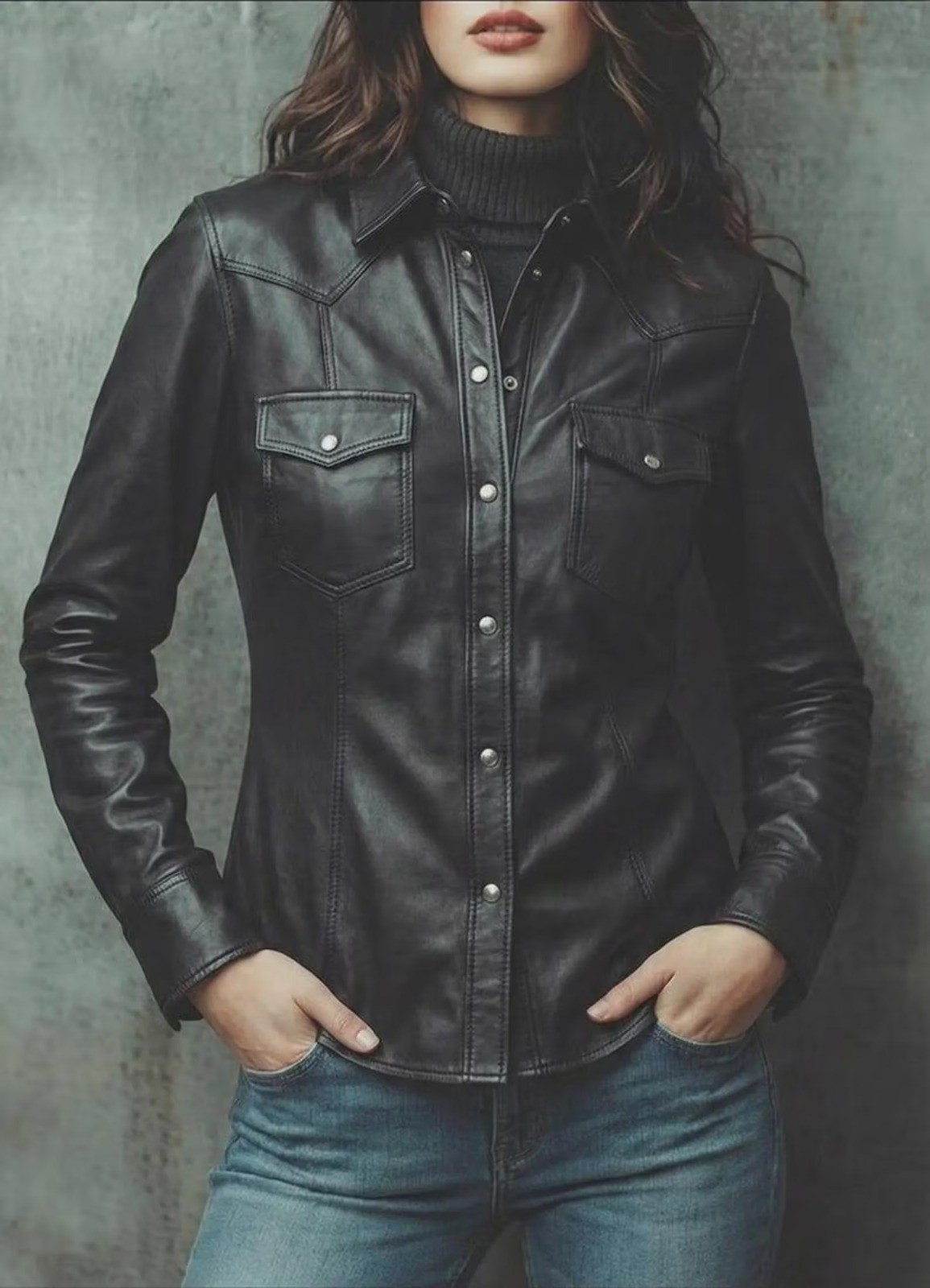 Genuine Leather Shirt Jacket: Women's Western Style, Slim Fit, Gift for Her