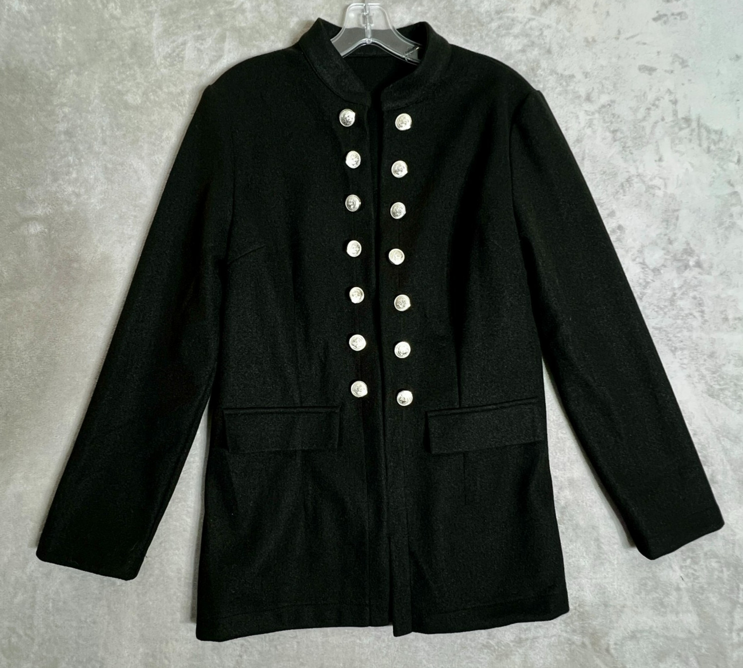 Black Military Style Jacket Large Open Front Silver Button Detail Boxy