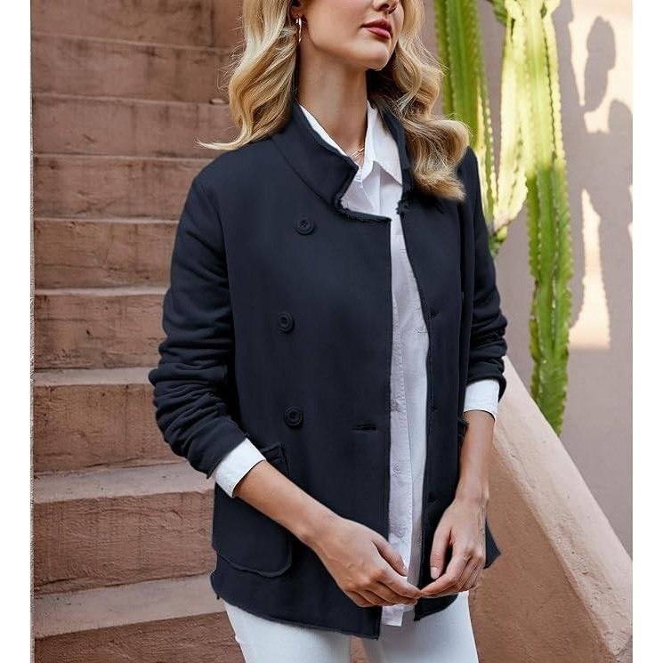 Navy Blue Cotton Blend Blazer Pea Coat Jacket Raw Hem Casual Style Women's S