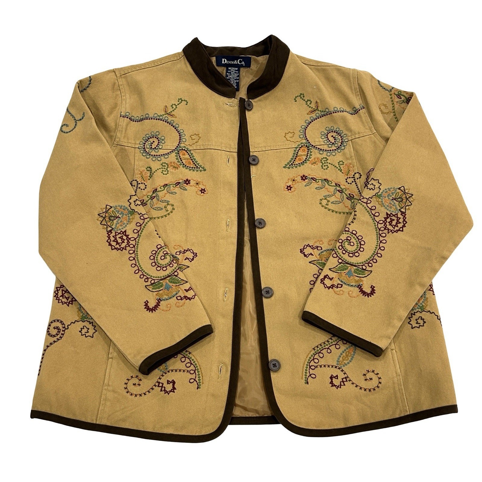Denim & Co Floral Embroidered Jacket Womens Size M Khaki Canvas Austrian Style