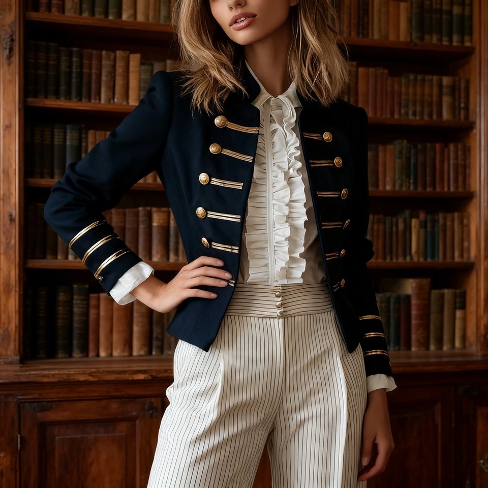 Womens Military Style Blazer Gold Button Navy Slim Fit Jacket Coat