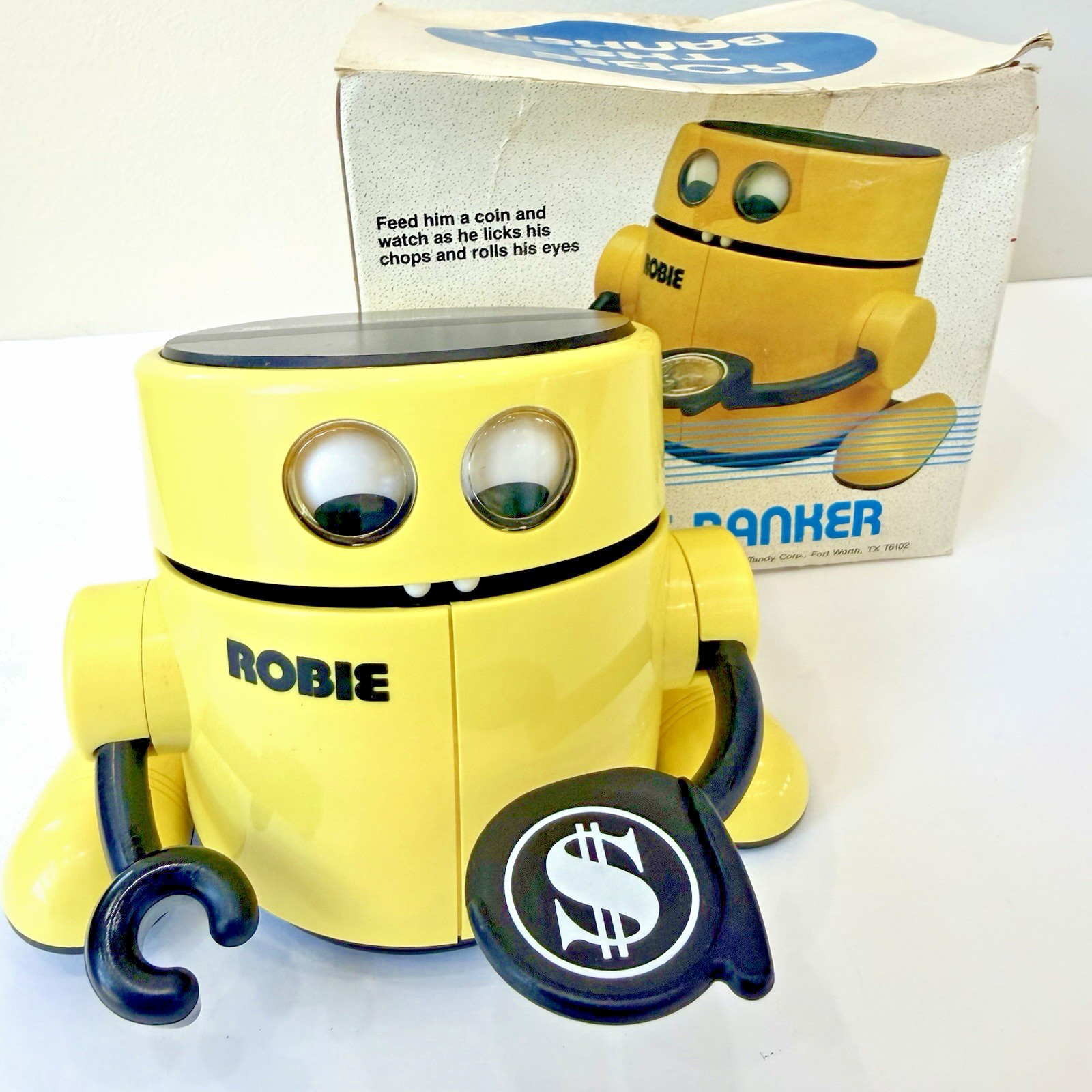 Vtg Robie The Banker Robot Radio Shack Coin Bank WORKING w Box Tandy