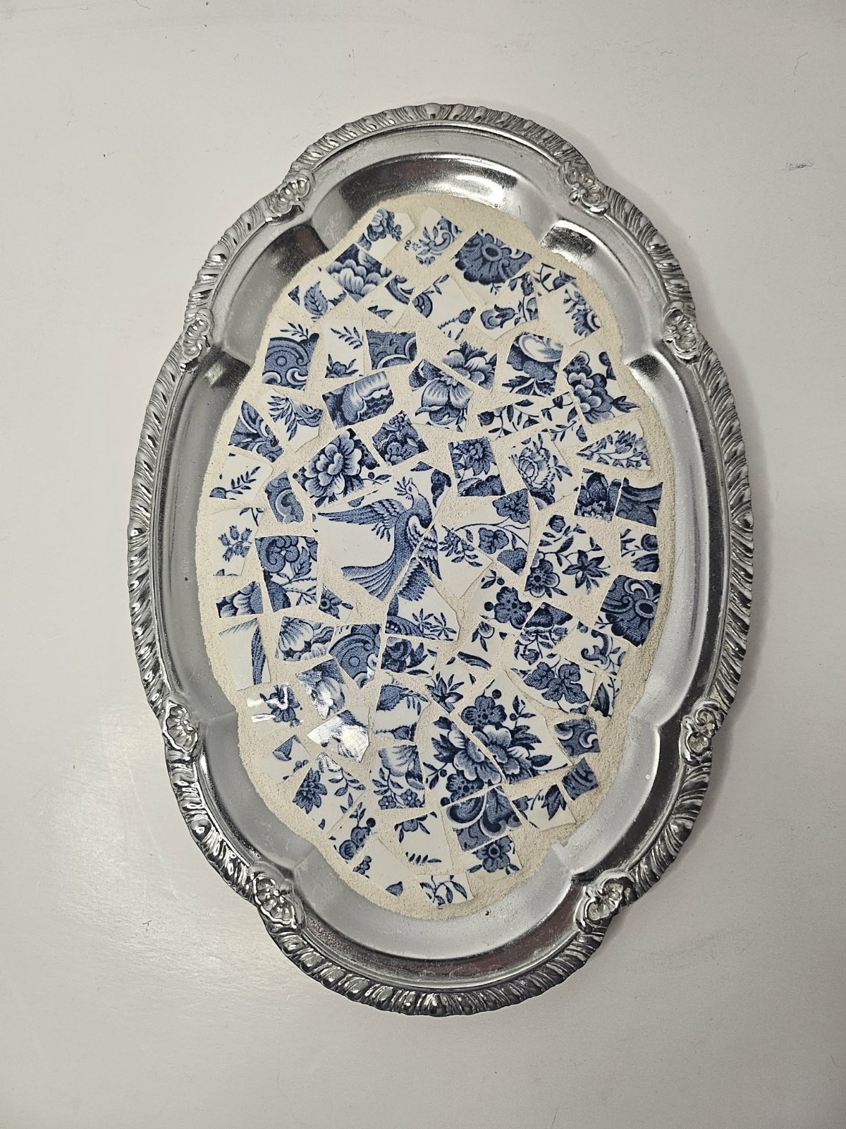 Vintage Silver Tone Serving Tray Blue White Mosaic Broken China Wall Art Decor