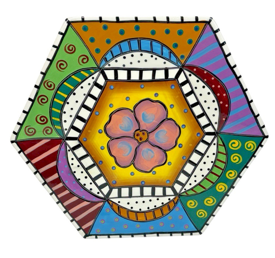 Hand Painted Studio Designworks Floral Boho Hexagon Platter Plate Wall Art