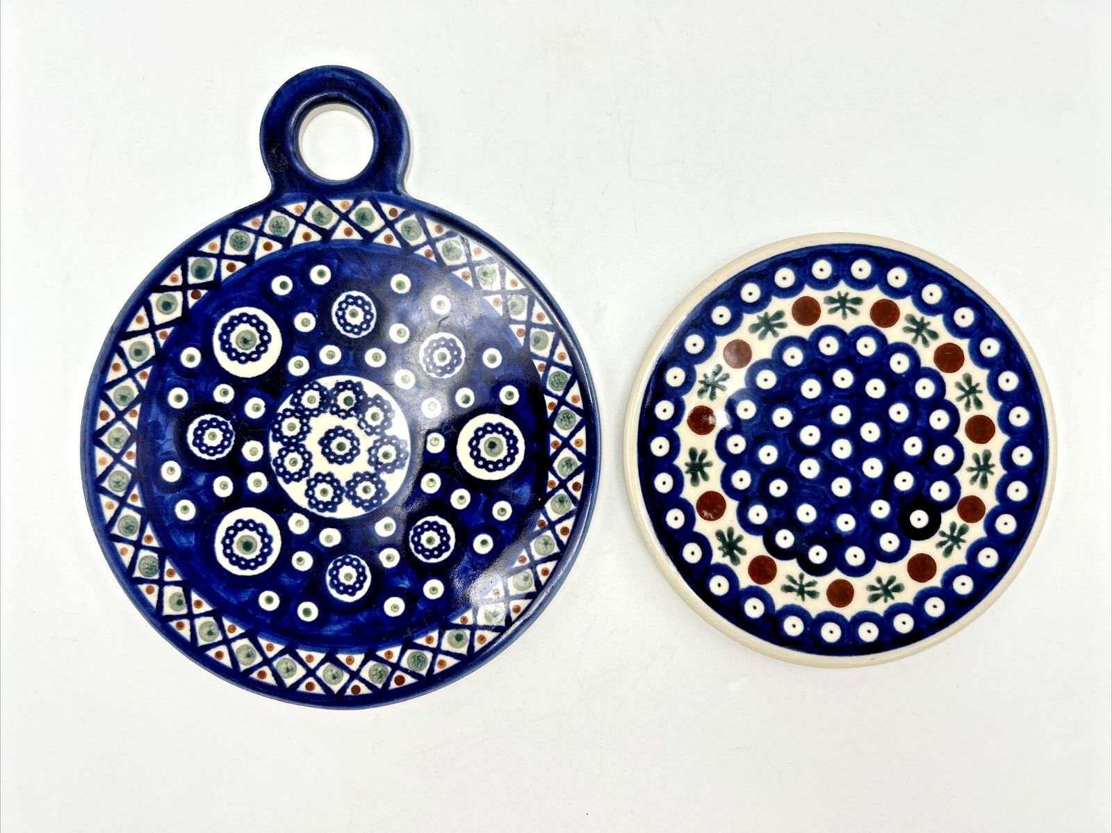 Set of 2 Boleslawiec Polish Pottery Round Cutting Board Wall Art Trivet Peacock