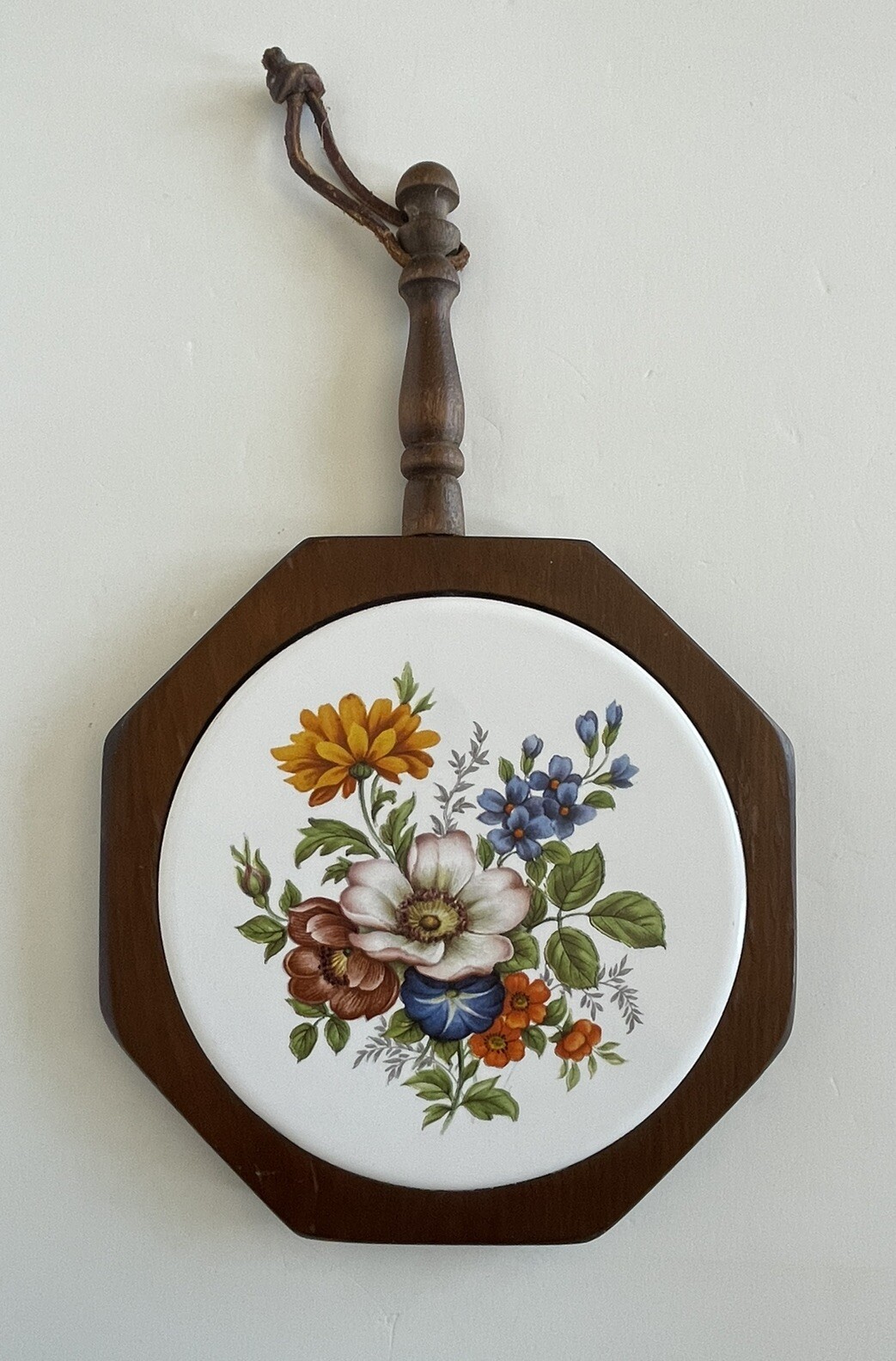 VTG Tile Wood Trivet Charcuterie Cheese Board Wildflowers Handle Wall Art MCM