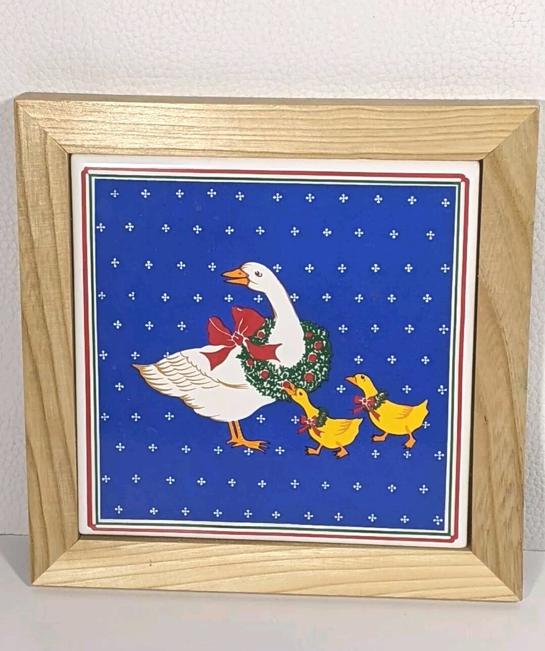Wood Framed Ceramic Square Trivet Wall Art White Goose Country Christmas 80s 