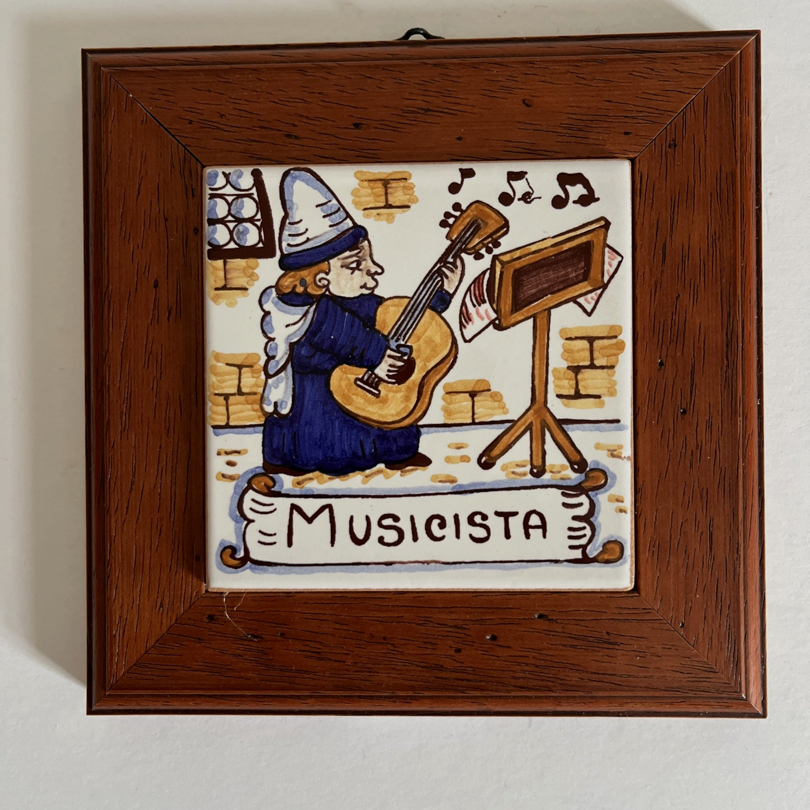 Wood Framed Ceramic Tile "MUSICISTA" Wall Art Trivet 6.5" X 6.5" made in Italy 