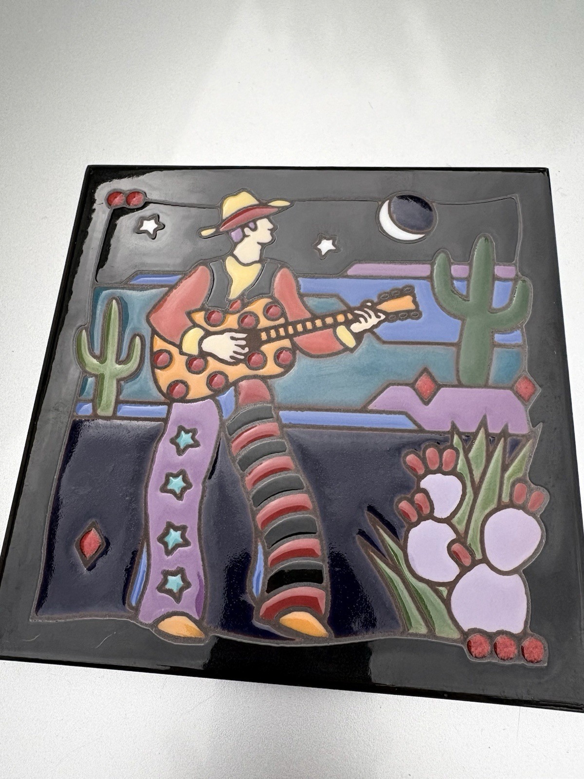 Cowboy Guitar Masterworks Handcrafted Wall Art Tile Ceramic Trivet Coaster Moon