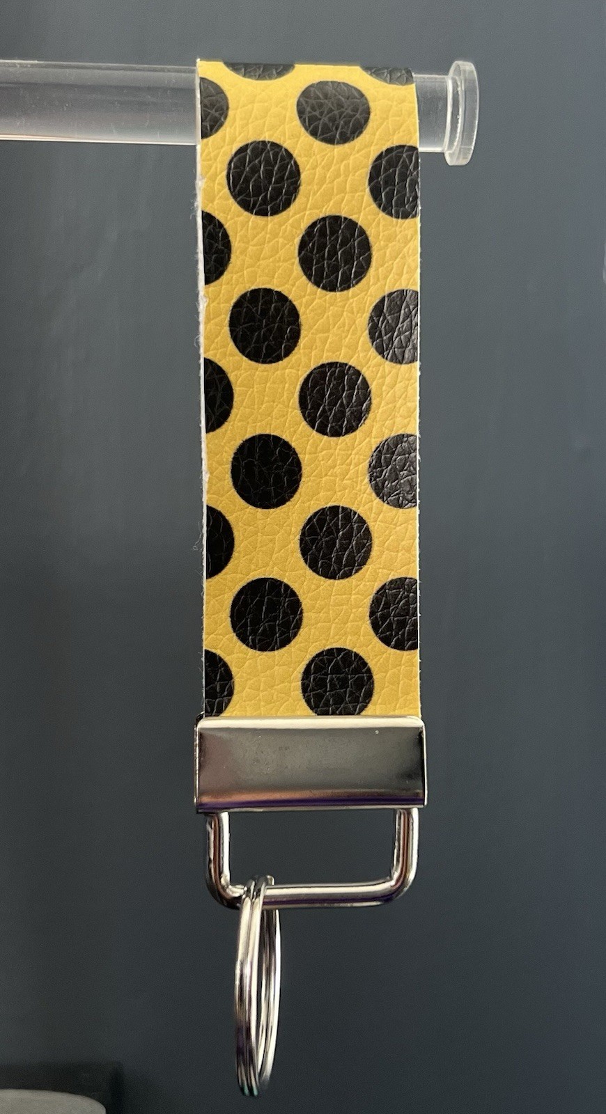 Yellow Black Polka Dot Faux Leather Key Chain Wristlet for Women Casual Style