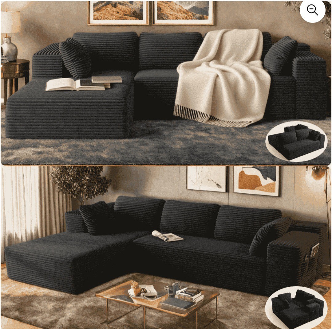 Sofa, Lofka 105" Free Assembly L-Shaped Sectional with Pet Friendly Corduroy...