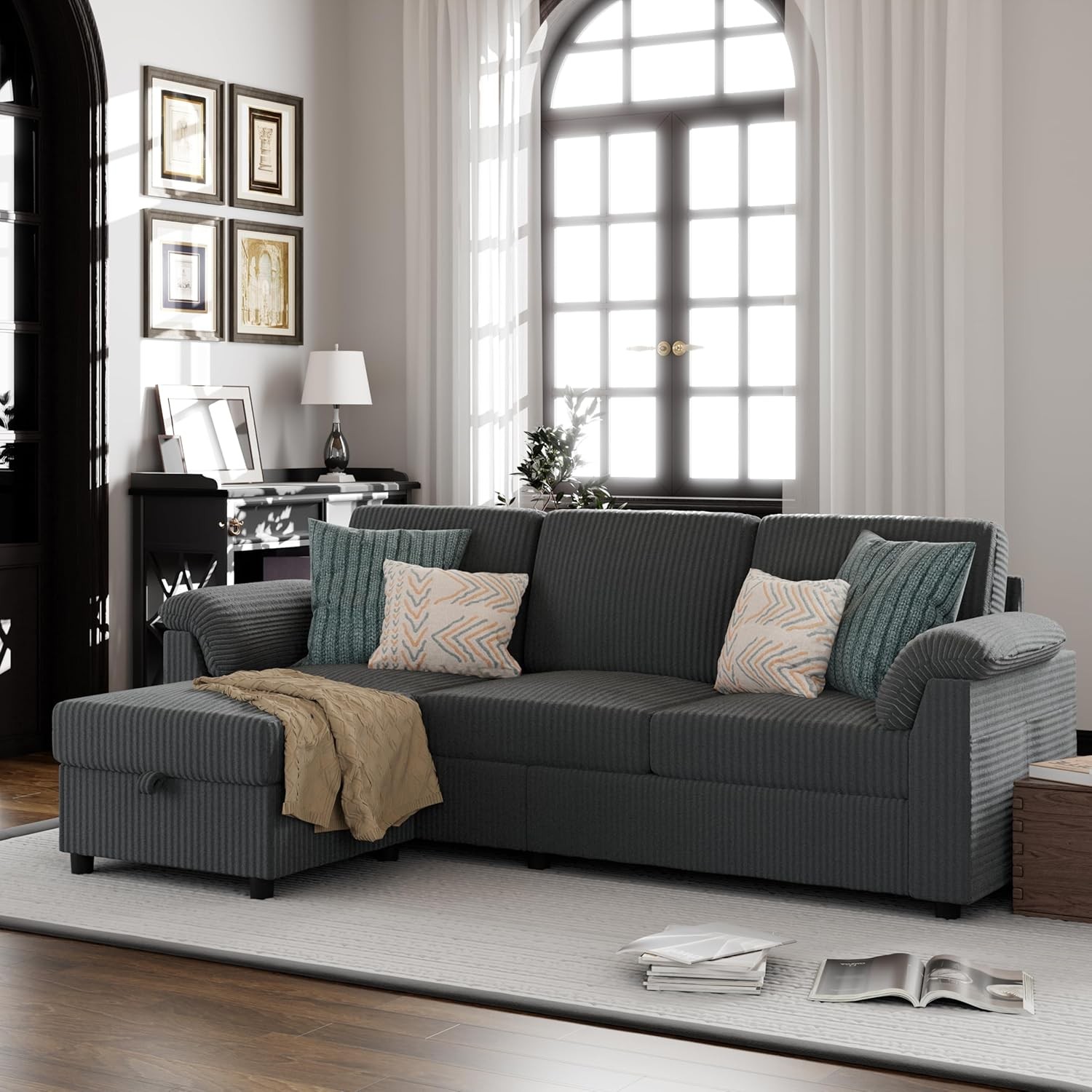 Convertible Sectional Couch Sofawith Ottoman3-Seat L-Shaped Sofa,Modern Corduroy