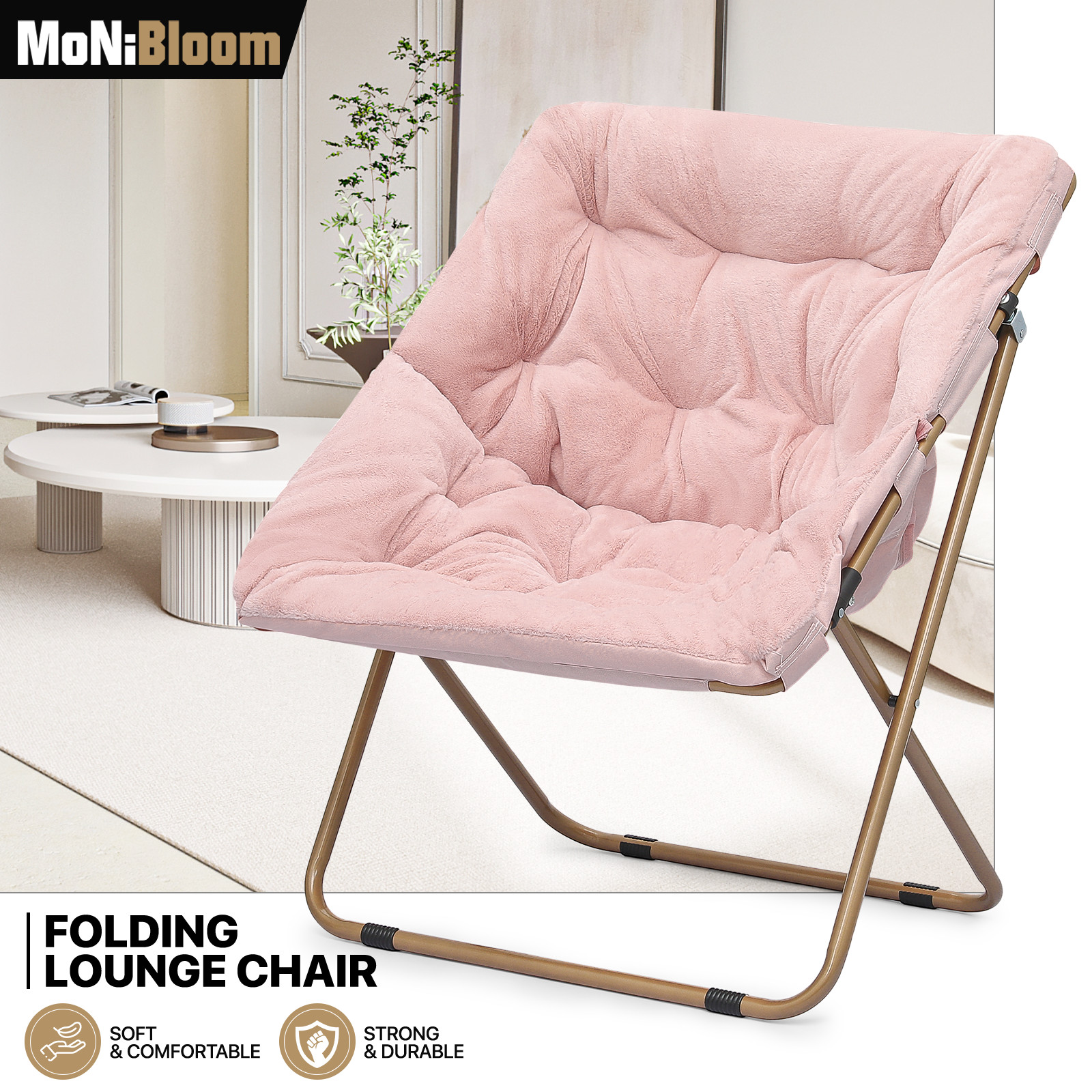 Pink 27.5" Foldable Soft Faux Fur Saucer Chair Home Metal Frame Cozy Moon Chair
