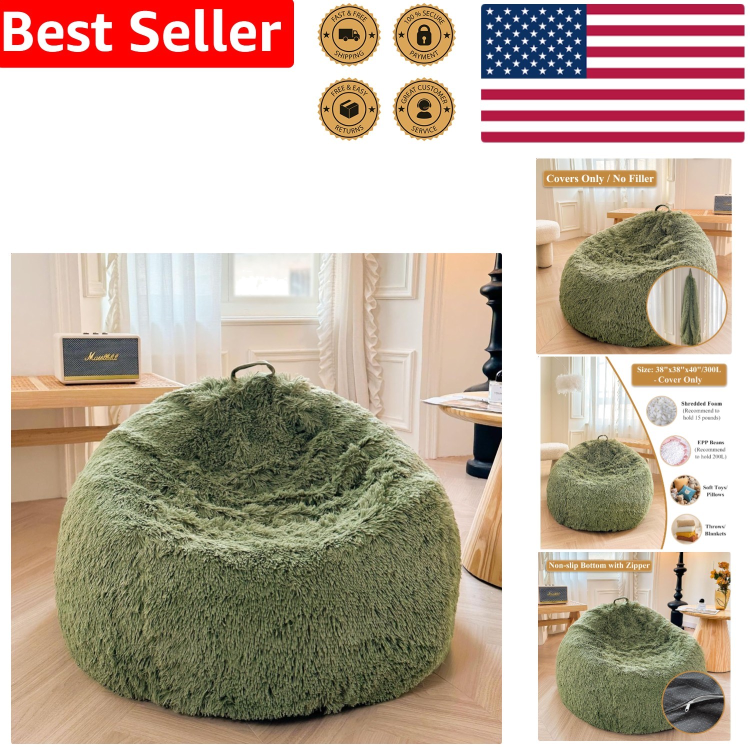 Sage Green Shaggy Bean Bag Cover Large No Filler Plush Toy Storage Cozy Home