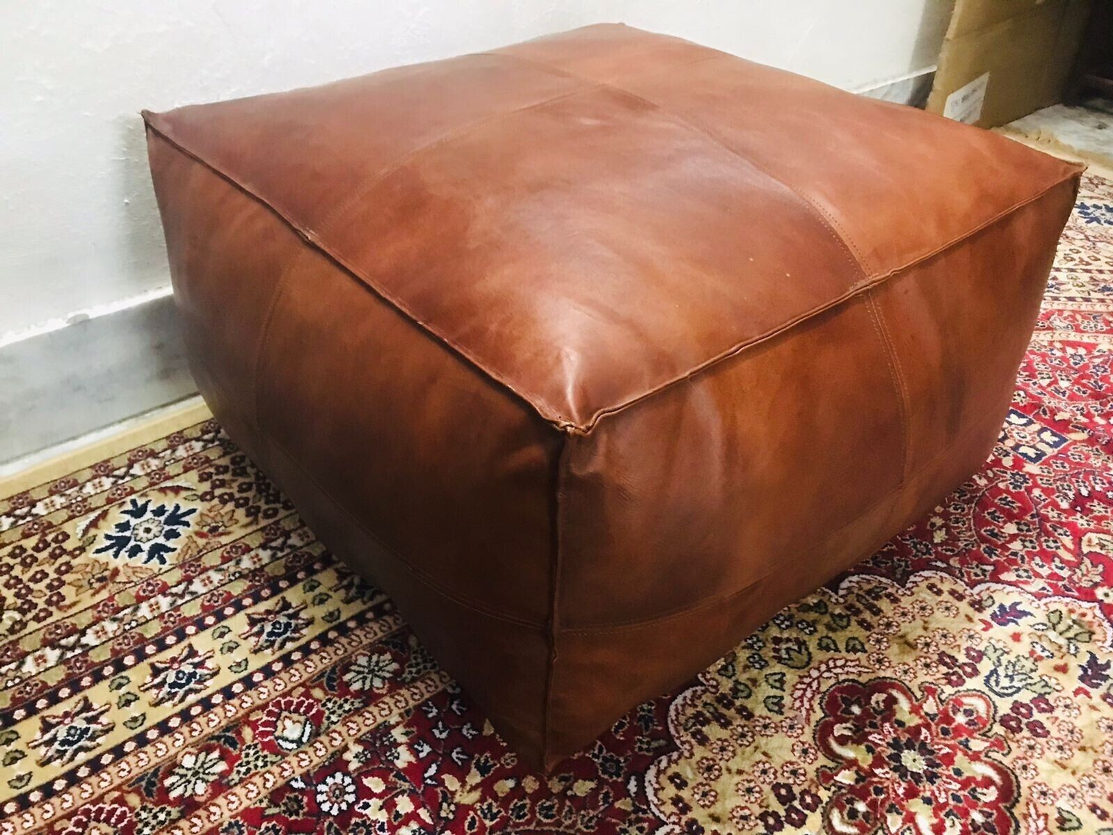 Vintage Leather Moroccan Footstool Boho Brown Pouffe For Cozy Home Decor