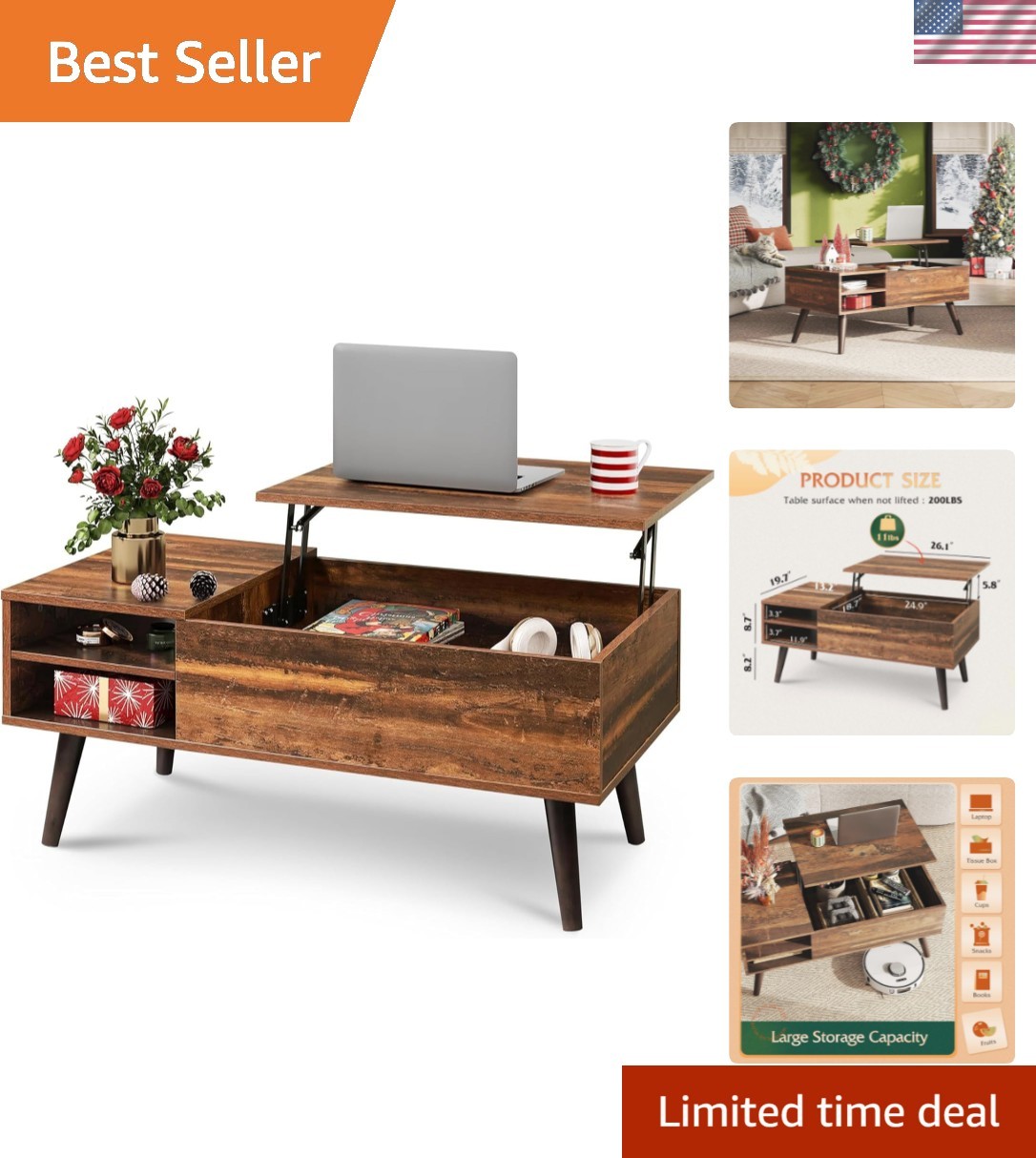 Coffee Table with Lift Top Storage Modern Small Space Wooden Center Table