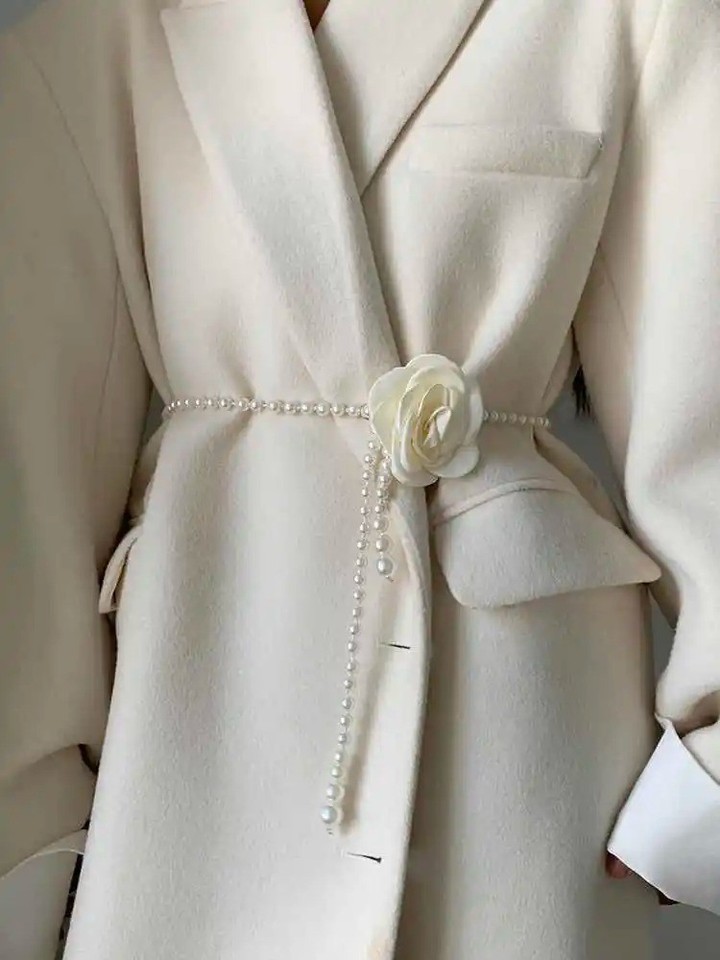 Women Pearl Waist Belt Camellia Decorative Elegant Dress Coat Belt