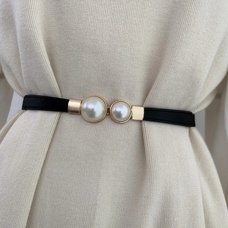 Elegant Women Double Pearl Buckle Elastic Belt Thin Dress Waist Belt GM113