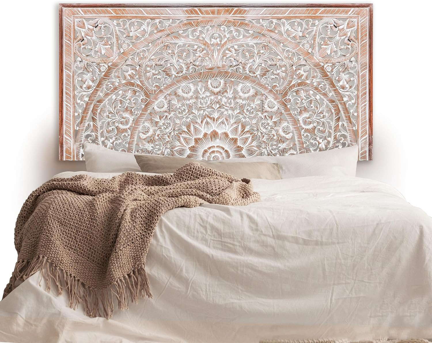 Queen Headboard Wall Art, Handmade in Bali White Wash Carved Wood Panels, 60X30 